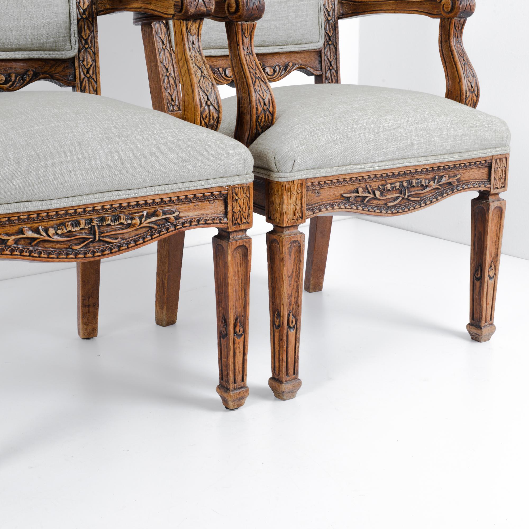 1910s Belgian Oak Carved Upholstered Armchairs, a Pair 9