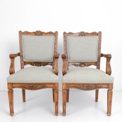 1910s Belgian Oak Carved Upholstered Armchairs, a Pair