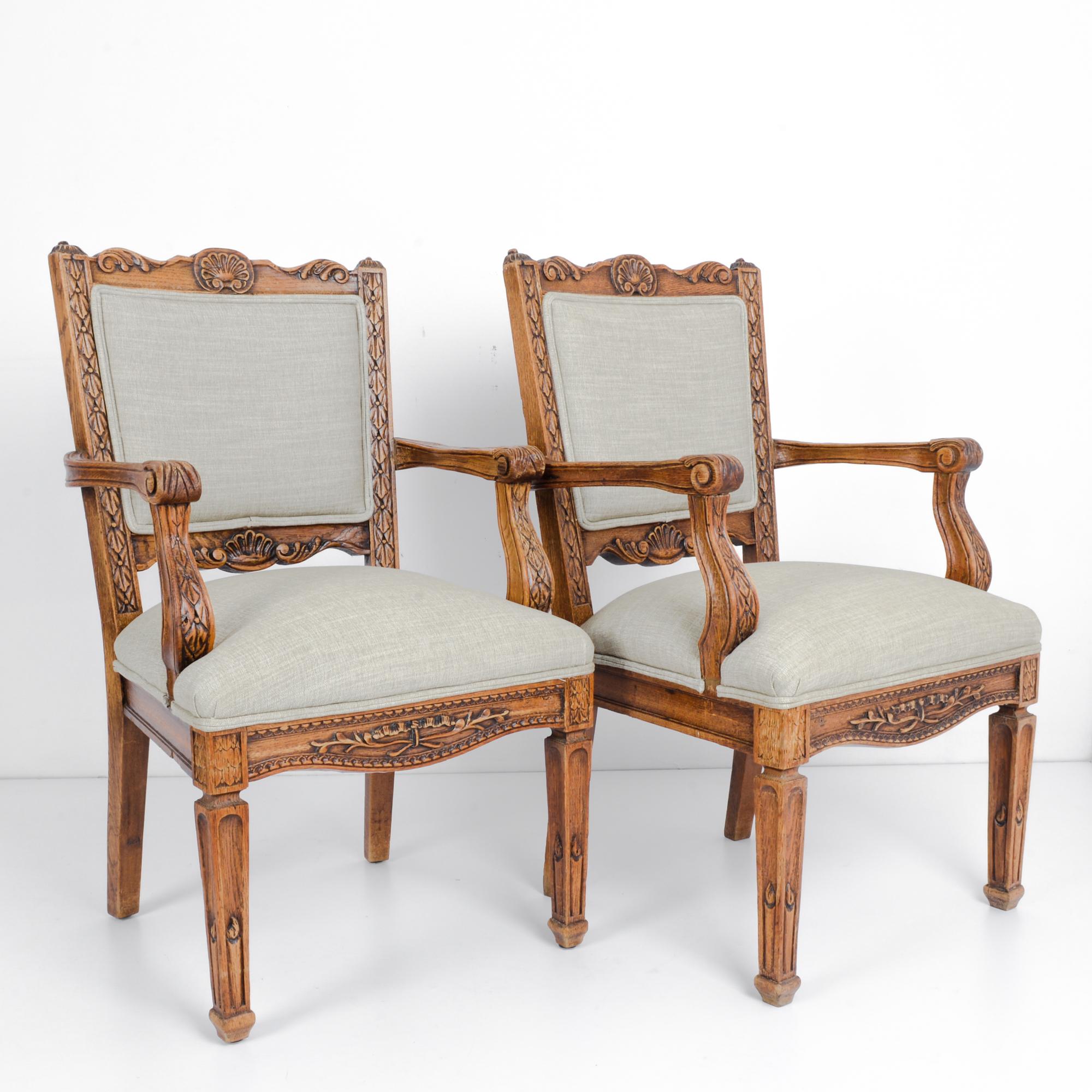 French Provincial 1910s Belgian Oak Carved Upholstered Armchairs, a Pair