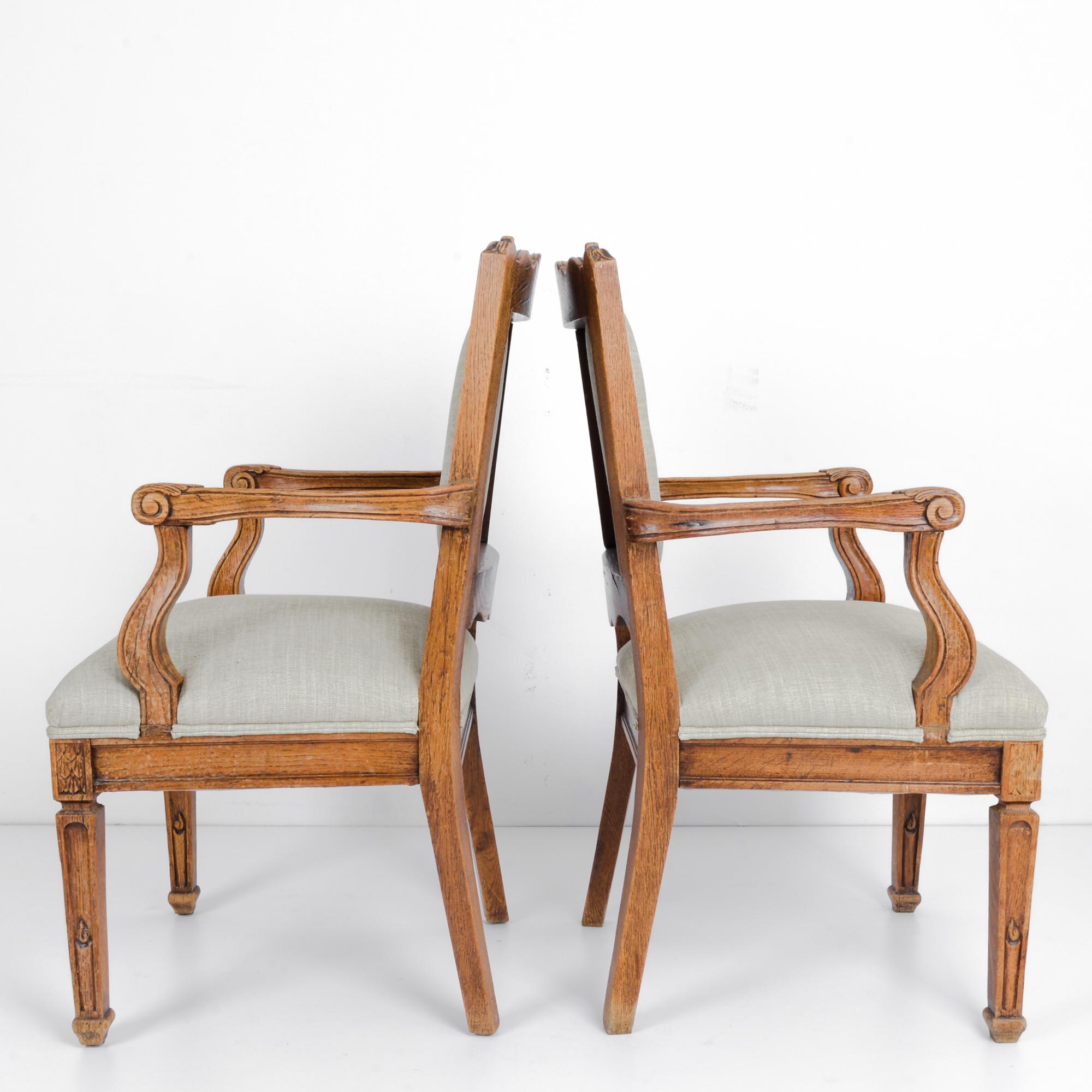Fabric 1910s Belgian Oak Carved Upholstered Armchairs, a Pair
