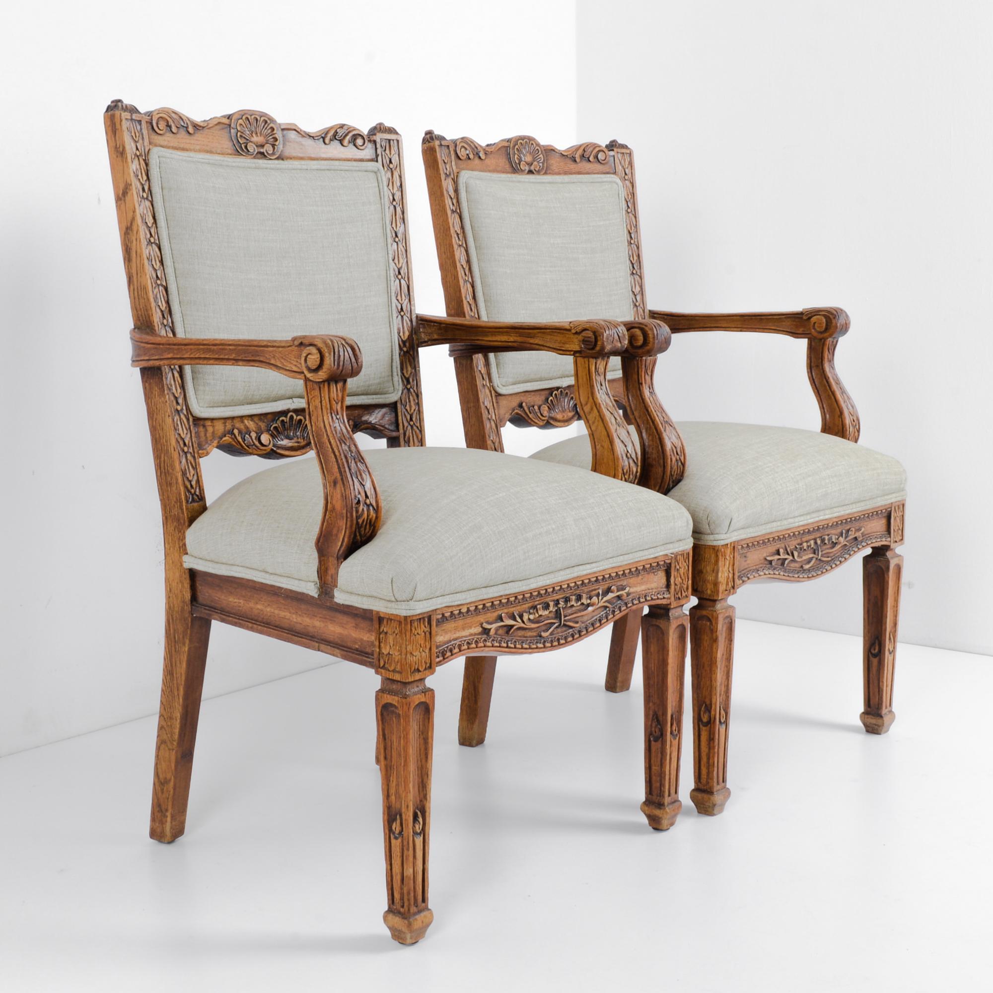 1910s Belgian Oak Carved Upholstered Armchairs, a Pair 2