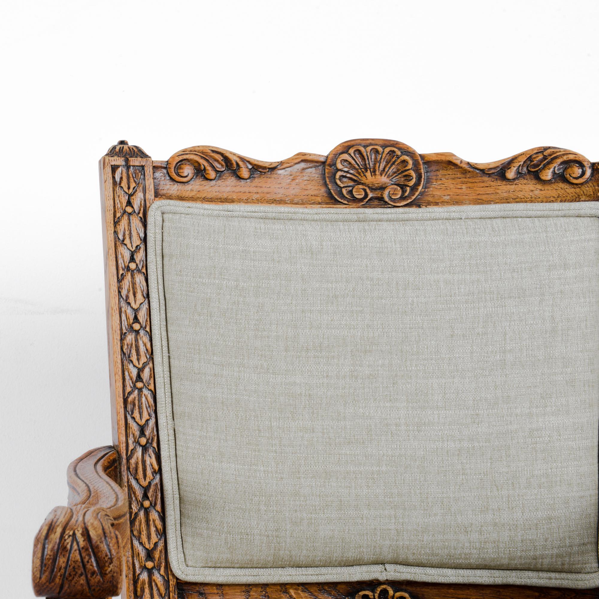 1910s Belgian Oak Carved Upholstered Armchairs, a Pair 3