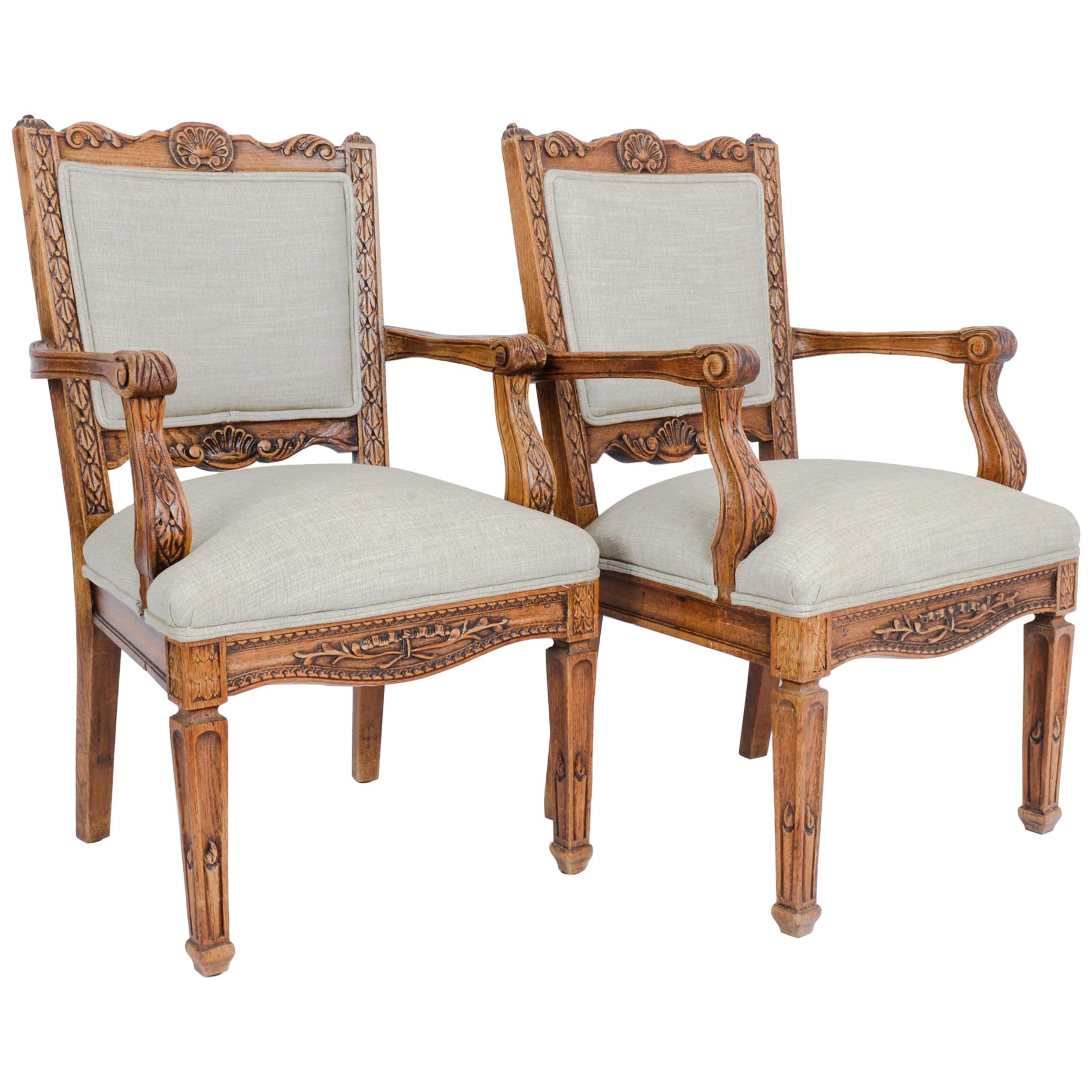 1910s Belgian Oak Carved Upholstered Armchairs, a Pair