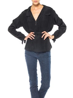 Edwardian Black Silk Long Sleeve Pleated & Belted Blouse