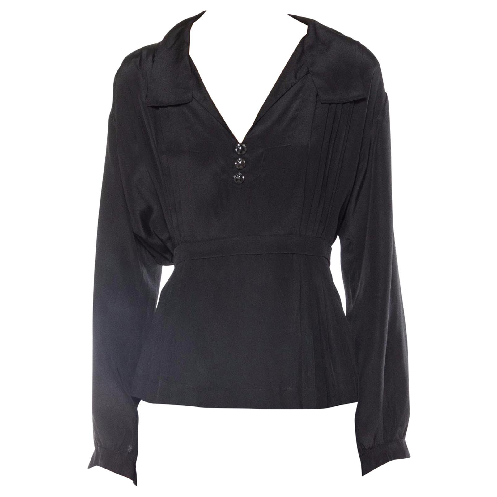 Edwardian Black Silk Long Sleeve Pleated & Belted Blouse im Angebot