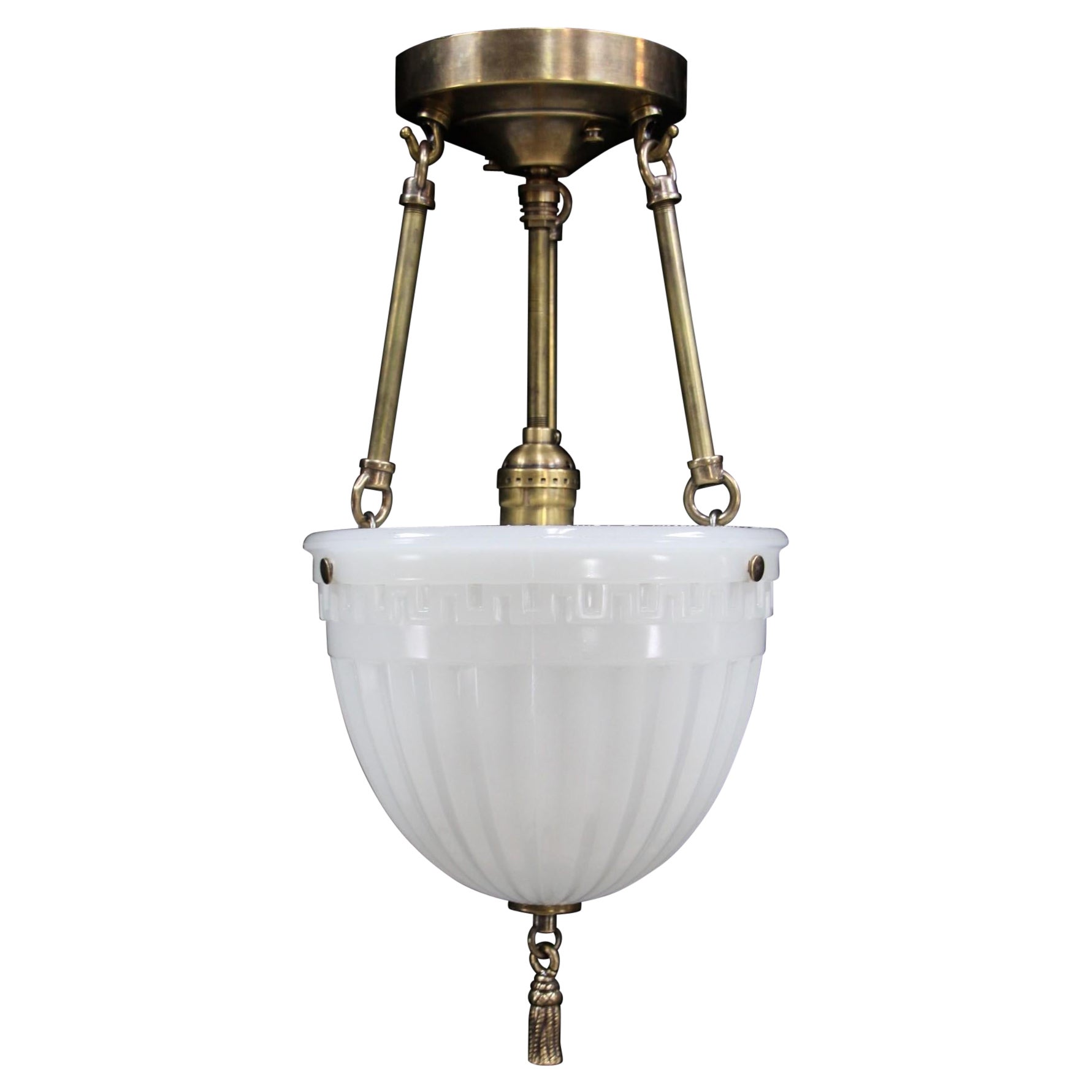 1910s Brascolite Milk Glass Pendant Light Greek Key Detail & Brass Rope Tassel