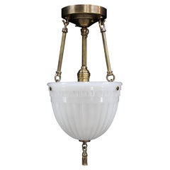 1910s Brascolite Milk Glass Pendant Light Greek Key Detail & Brass Rope Tassel
