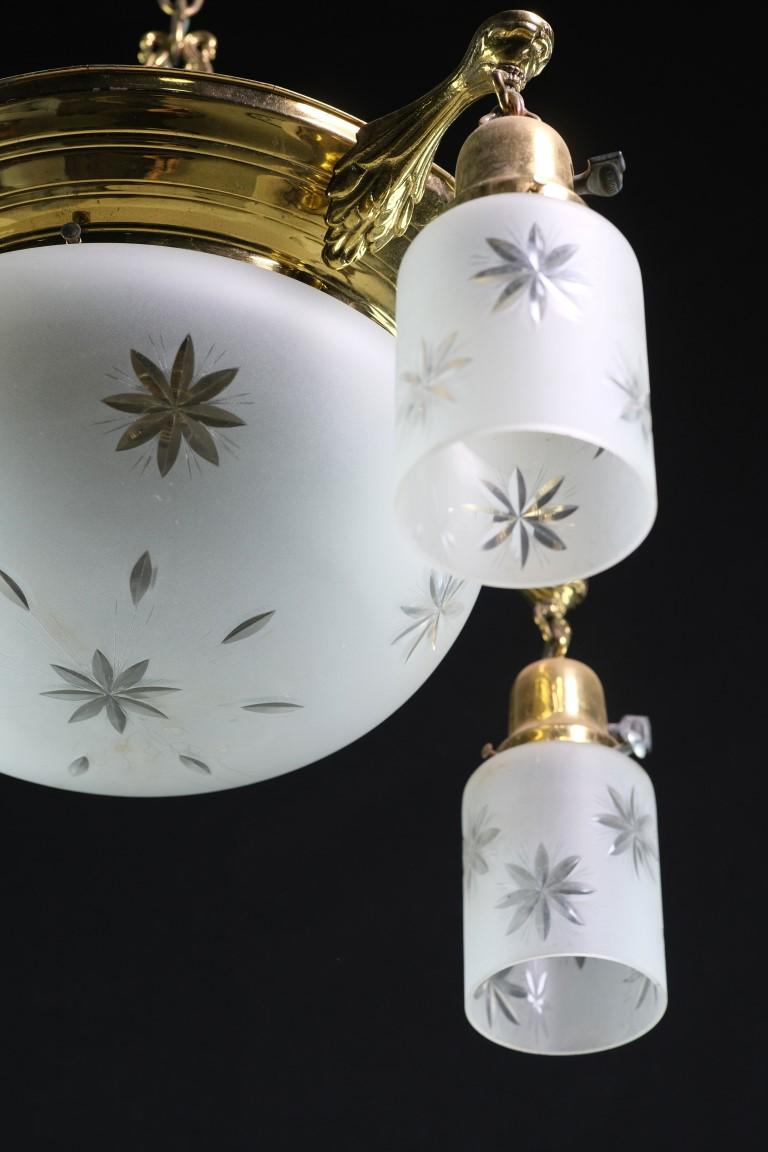 Brass Chandelier 5 Floral Star Design Pendant Light Frosted Shades  For Sale 3