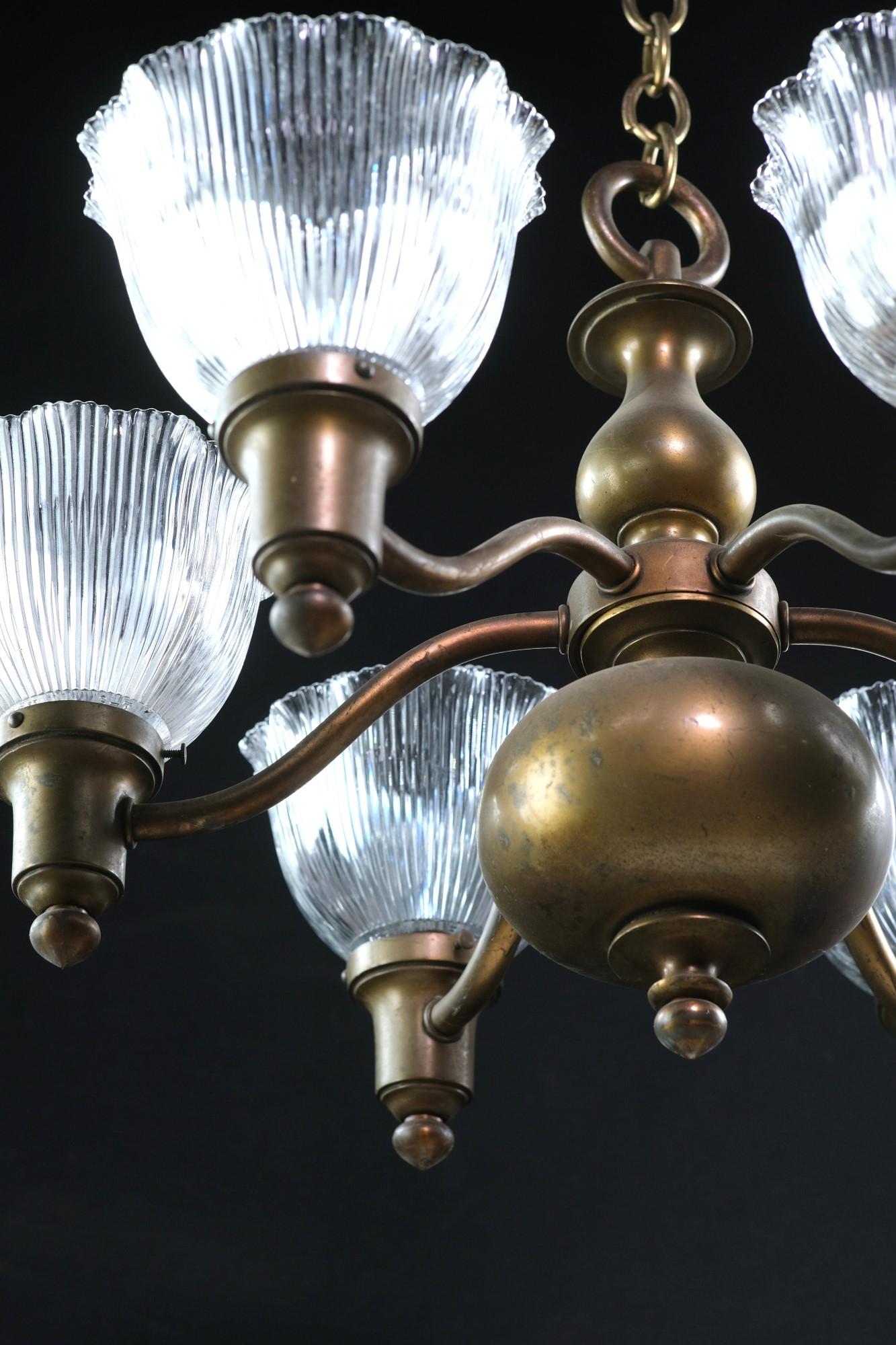 1910s Bronze Chandelier W/ 6 Lights Fitted with Ruffled Holophane Glass Shades 5