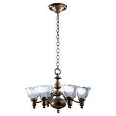 1910s Bronze Chandelier W/ 6 Lights Fitted with Ruffled Holophane Glass Shades