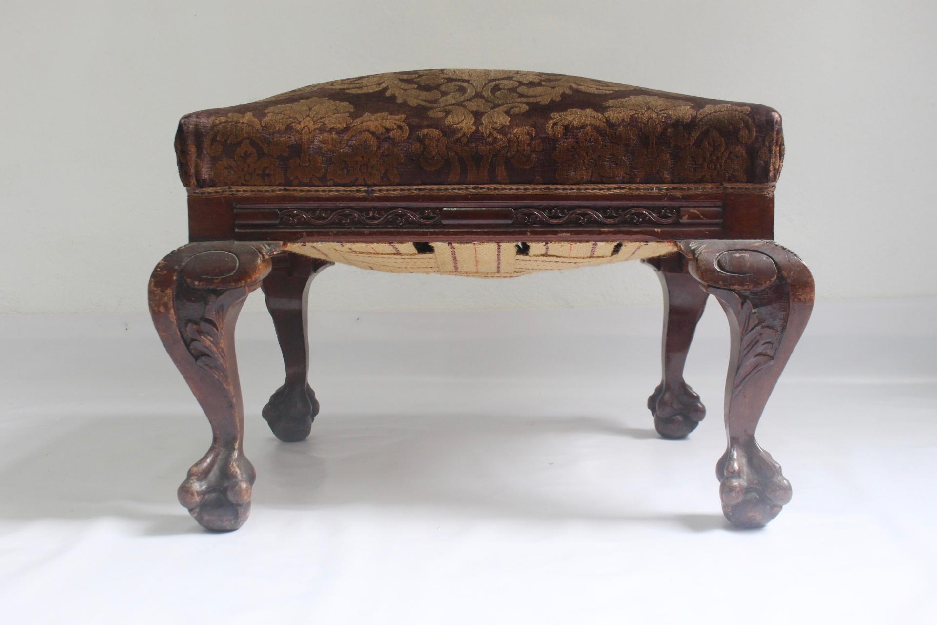 Spanish 1910s Chippendale Mahogany Ottoman or Stool with Original Velvet Upholstery For Sale