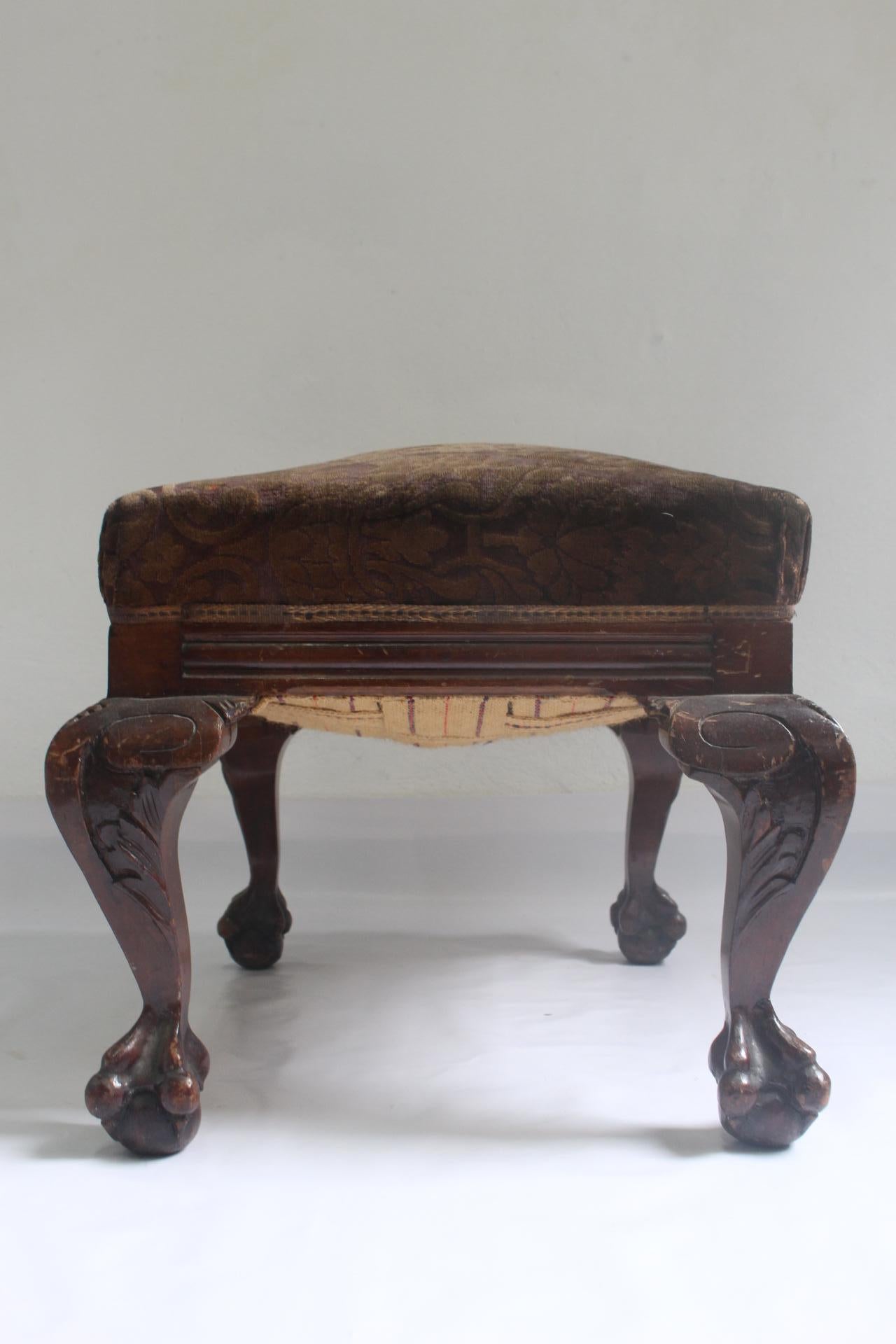 Early 20th Century 1910s Chippendale Mahogany Ottoman or Stool with Original Velvet Upholstery For Sale