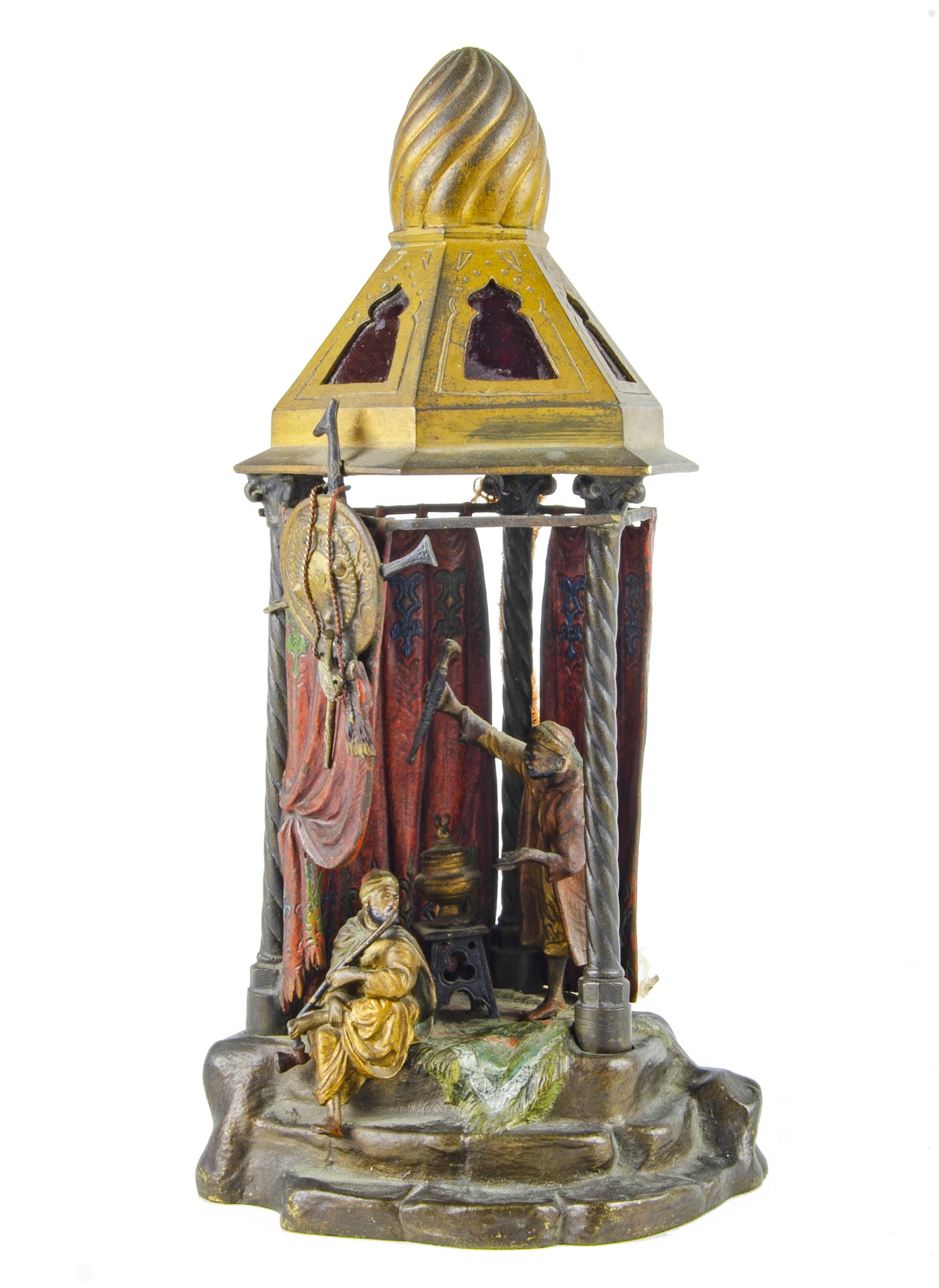 1910s Jugendstil cold-painted orientalist bronze sculptural table lamp by Franz Bergmann/Nam Greb, Austria

By: Franz Bergmann, Nam Greb
Material: bronze, copper, tin, metal, paint
Technique: cast, molded, patinated, polished, metalwork, painted,