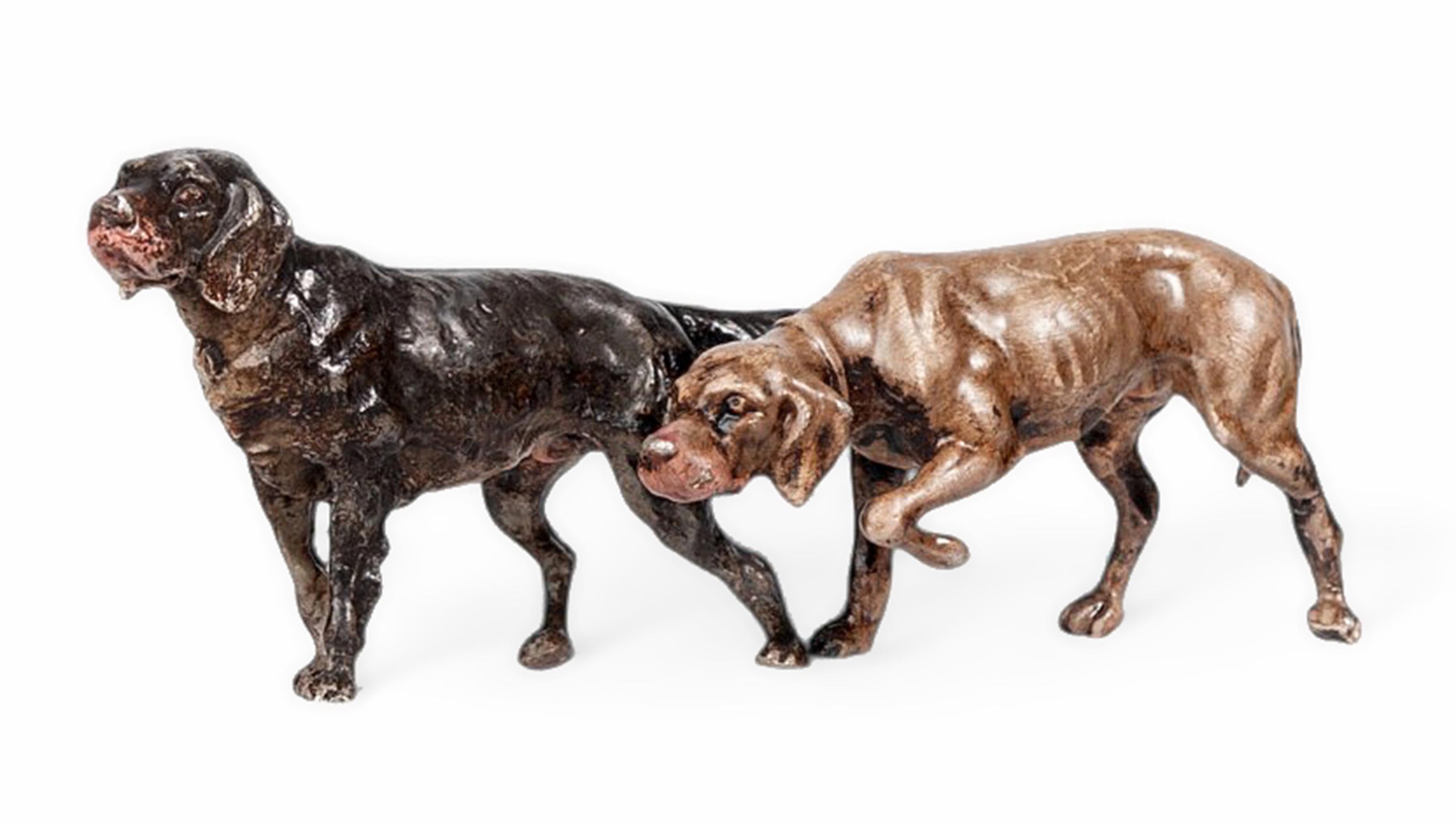 1910s Belle Époque cold-painted small bronze figurine of a pair of hounds/dogs by Franz Bergmann, Austria

By: Franz Bergmann
Material: bronze, paint, copper, metal
Technique: cast, cold-painted, painted, patinated, metalwork, molded,