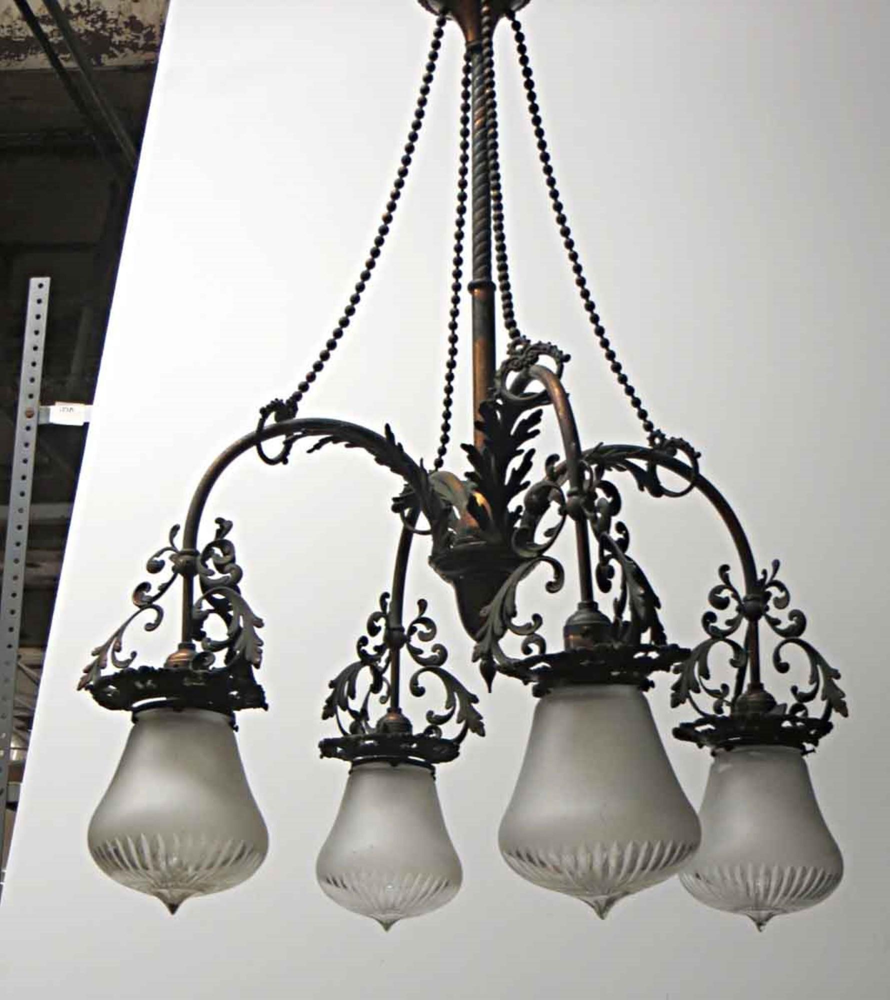 1910s Copper Washed Brass 4-Light Victorian Beaded Down Light Chandelier In Good Condition In New York, NY