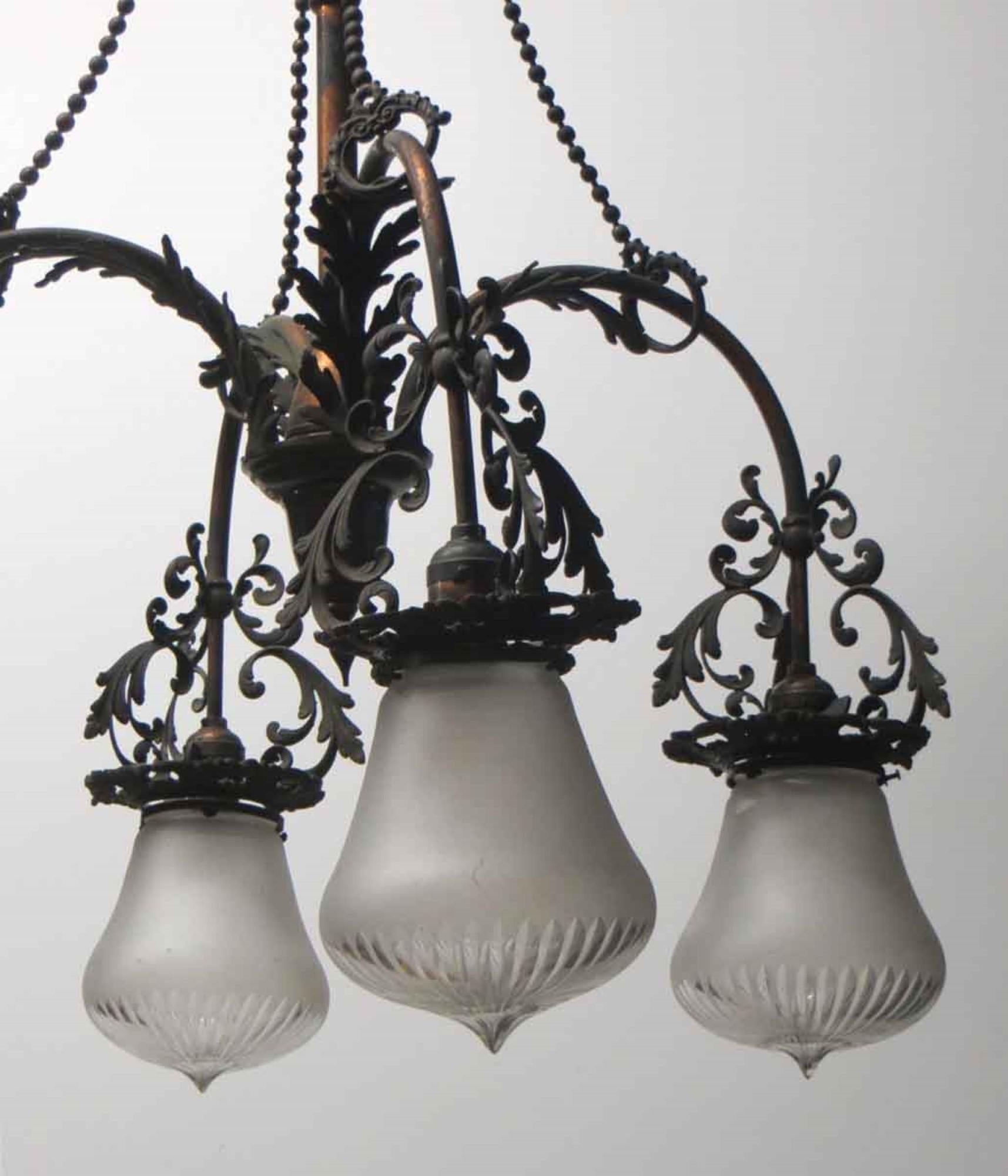 Early 20th Century 1910s Copper Washed Brass 4-Light Victorian Beaded Down Light Chandelier