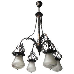 lustre à 4 lumières en laiton lavé au cuivre des années 1910:: à éclairage perlé victorien