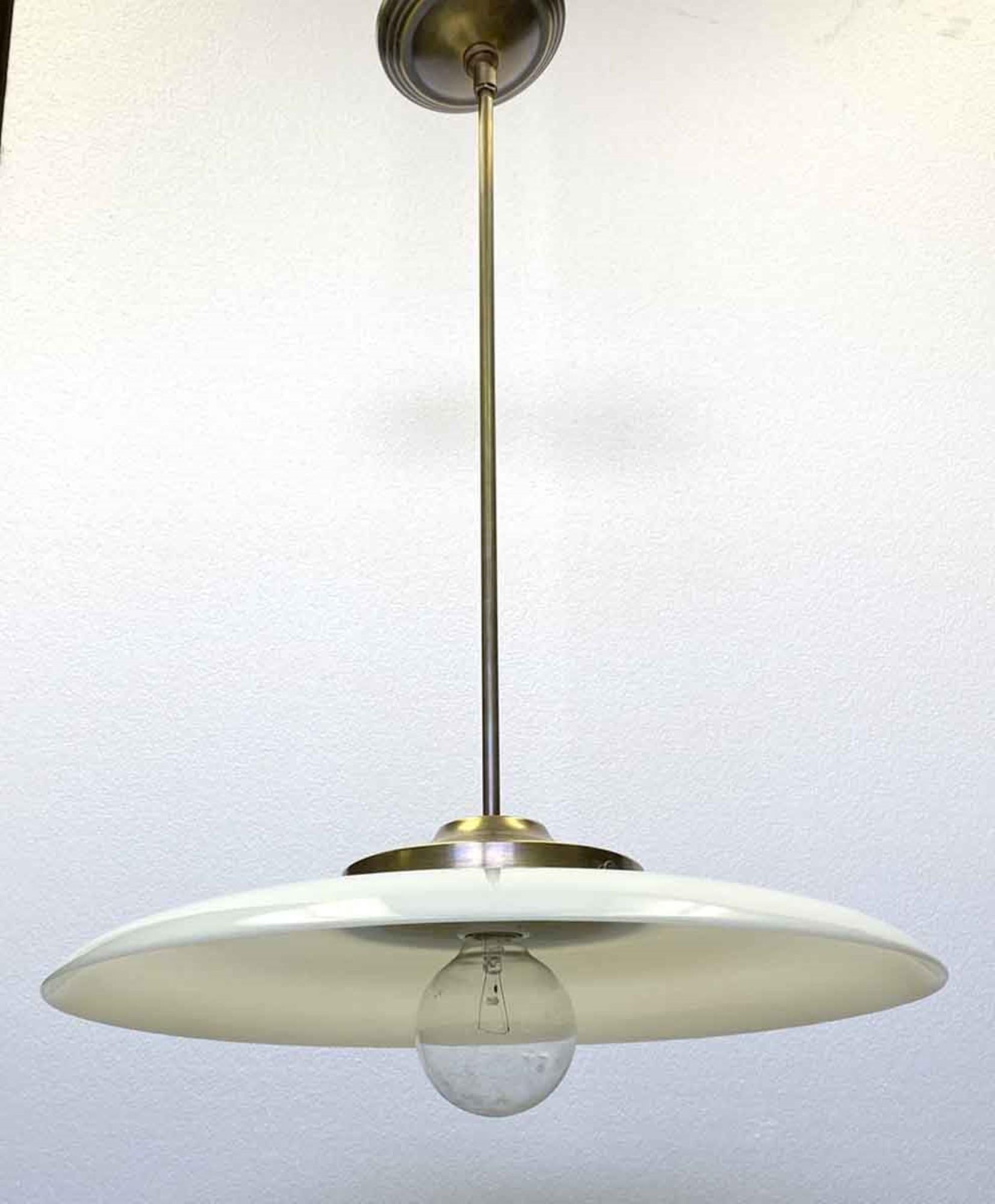 1910s Curved Pancake Milk Glass Pendant Light with New Brass Hardware In Good Condition In New York, NY