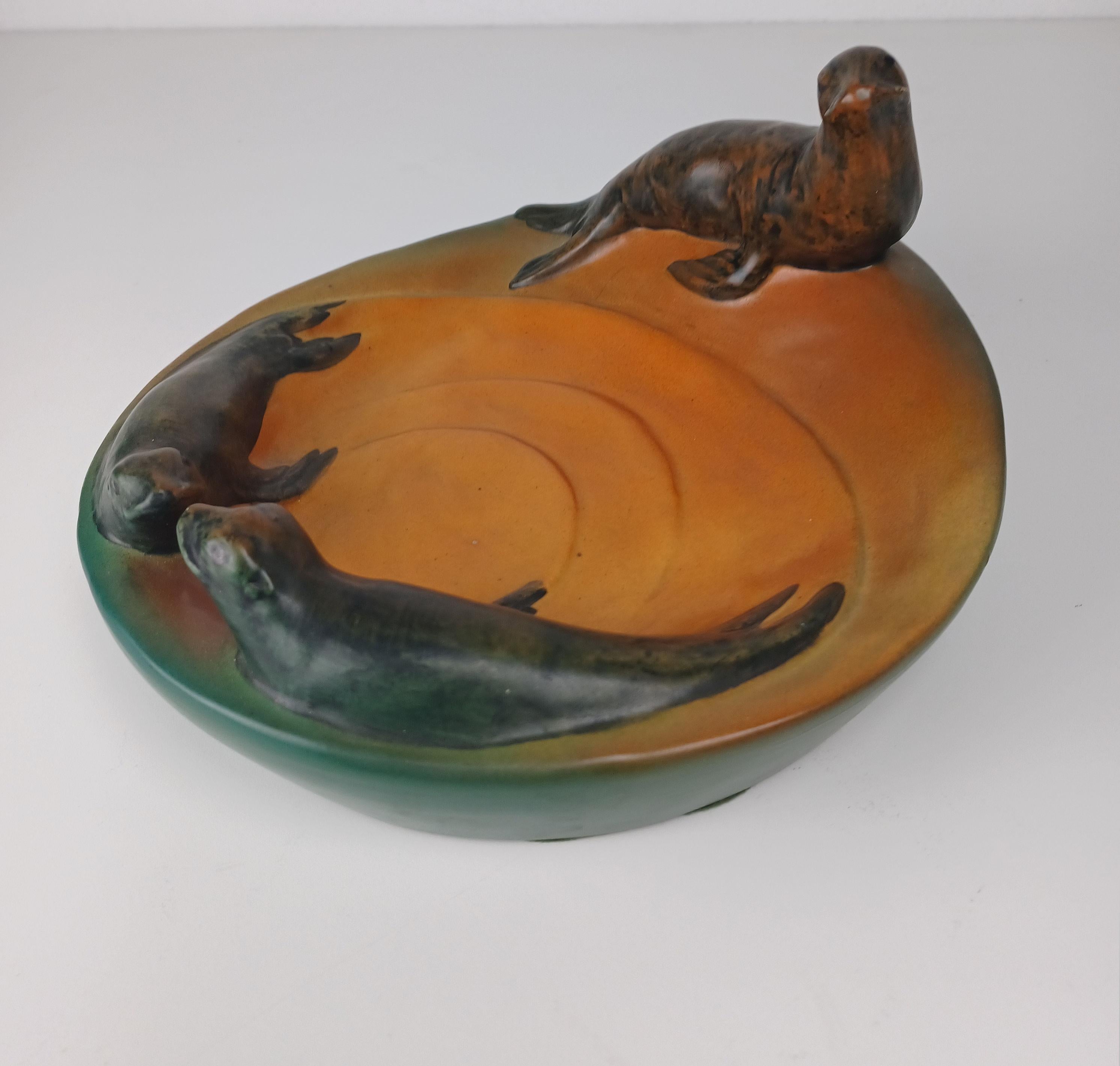 Hand-Crafted 1910's Danish Art Nouveau Handcrafted Sealion Bowl - Ash Tray by P. Ipsens Enke For Sale
