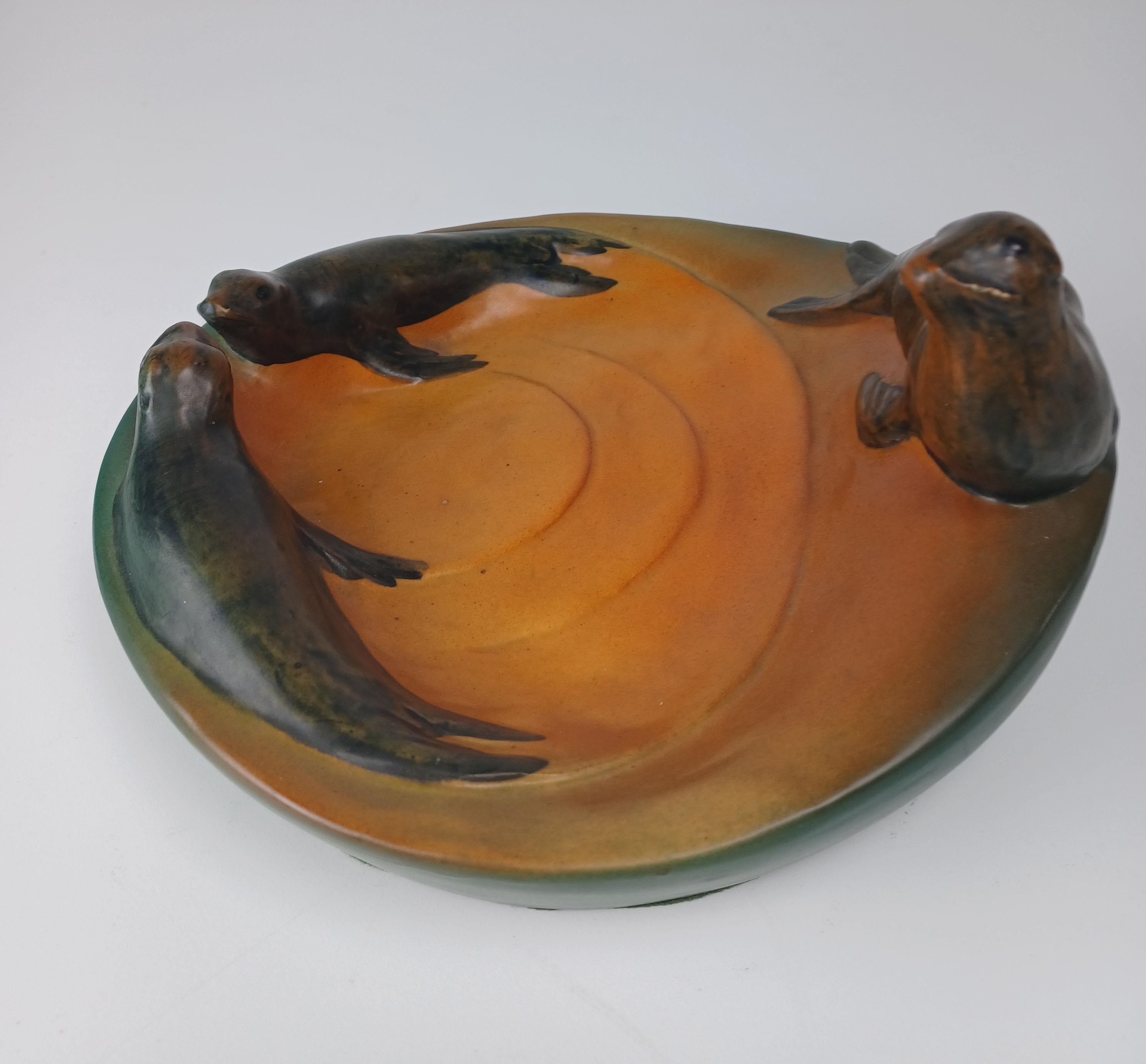 1910's Danish Art Nouveau Handcrafted Sealion Bowl - Ash Tray by P. Ipsens Enke In Good Condition For Sale In Knebel, DK