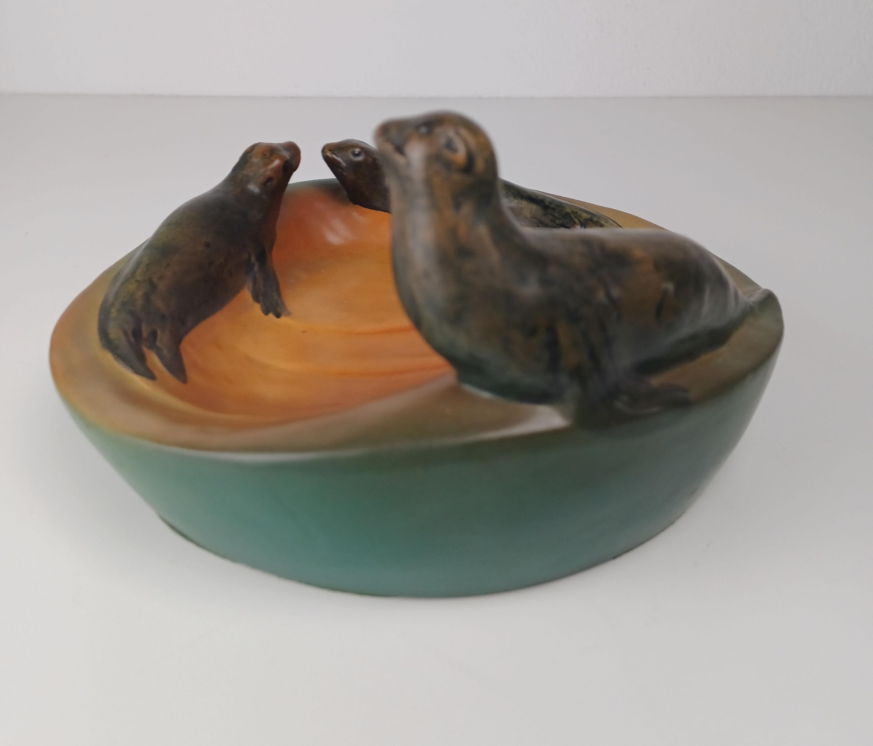 Ceramic 1910's Danish Art Nouveau Handcrafted Sealion Bowl - Ash Tray by P. Ipsens Enke