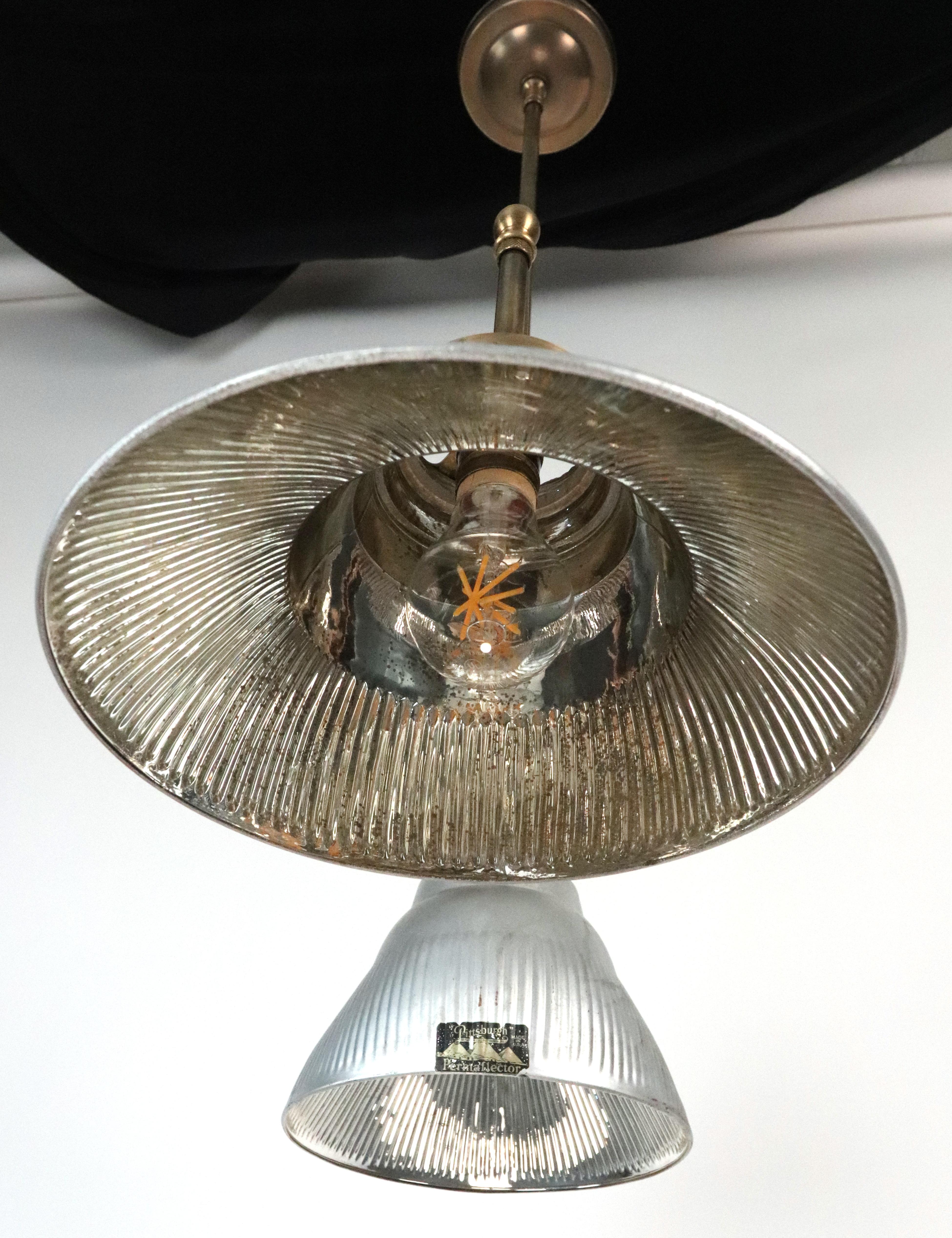 1910s Double X-Ray Glass Shade Brass Pole Pendant Light For Sale 8
