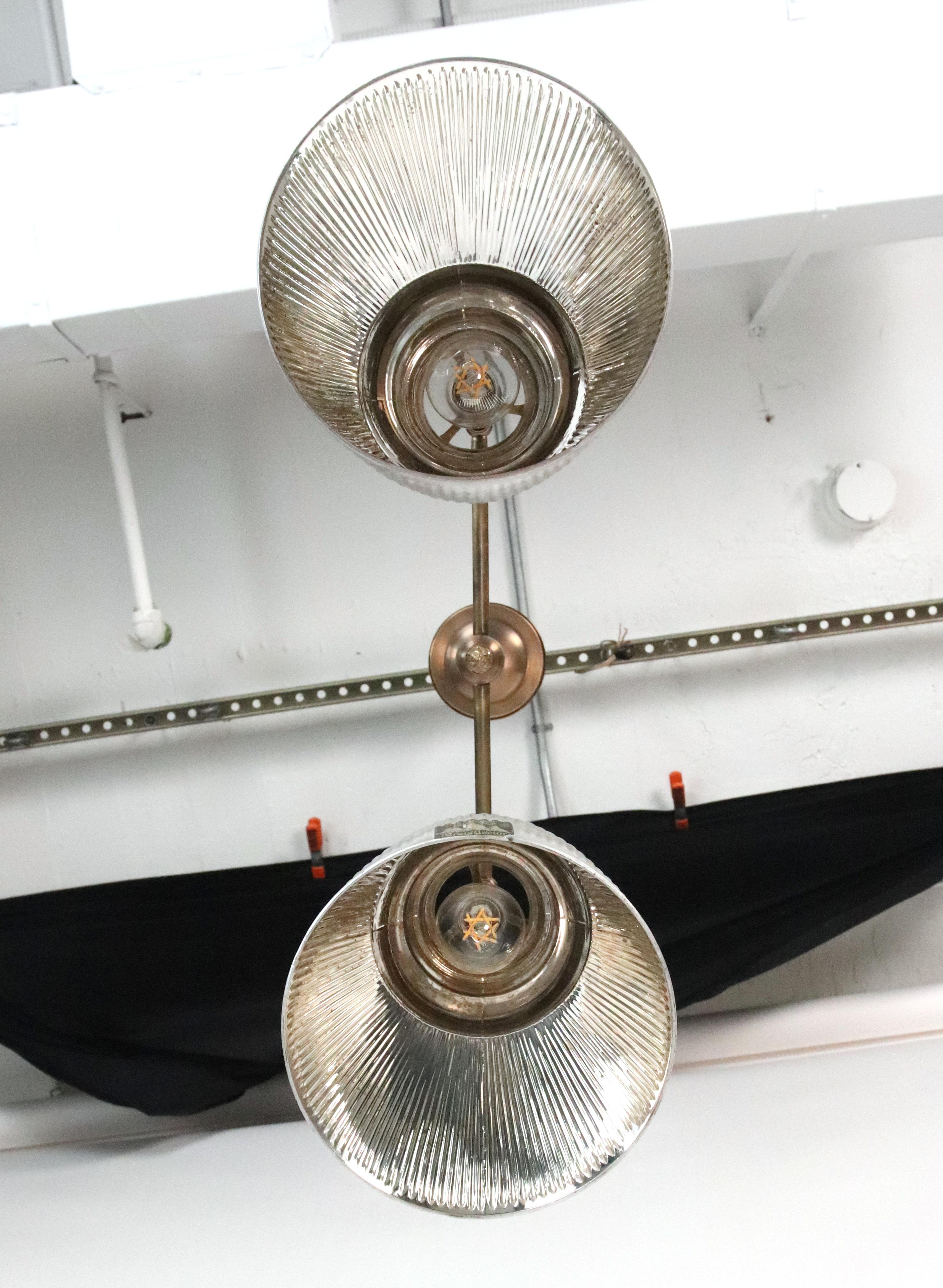 1910s Double X-Ray Glass Shade Brass Pole Pendant Light For Sale 9