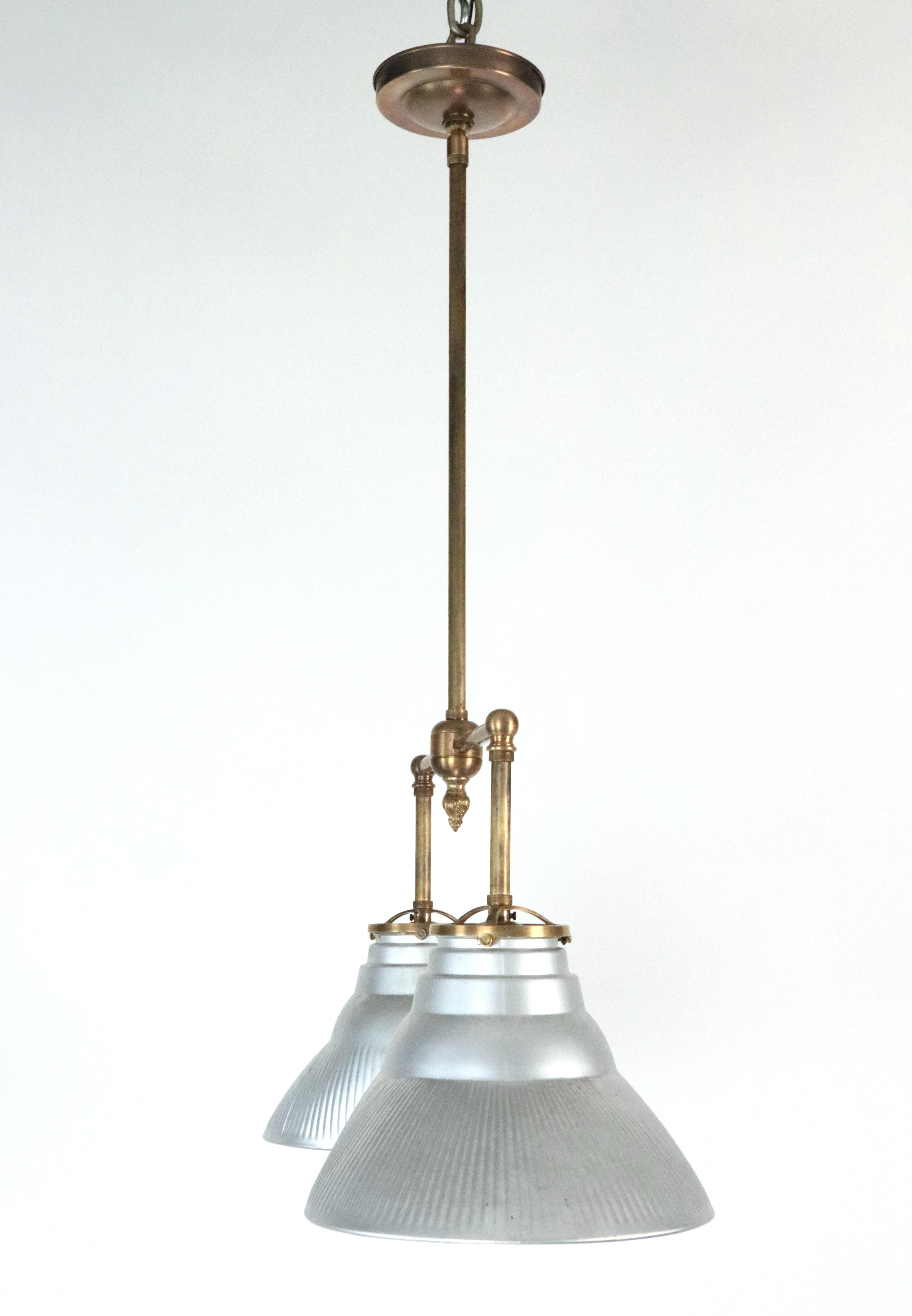 American 1910s Double X-Ray Glass Shade Brass Pole Pendant Light For Sale