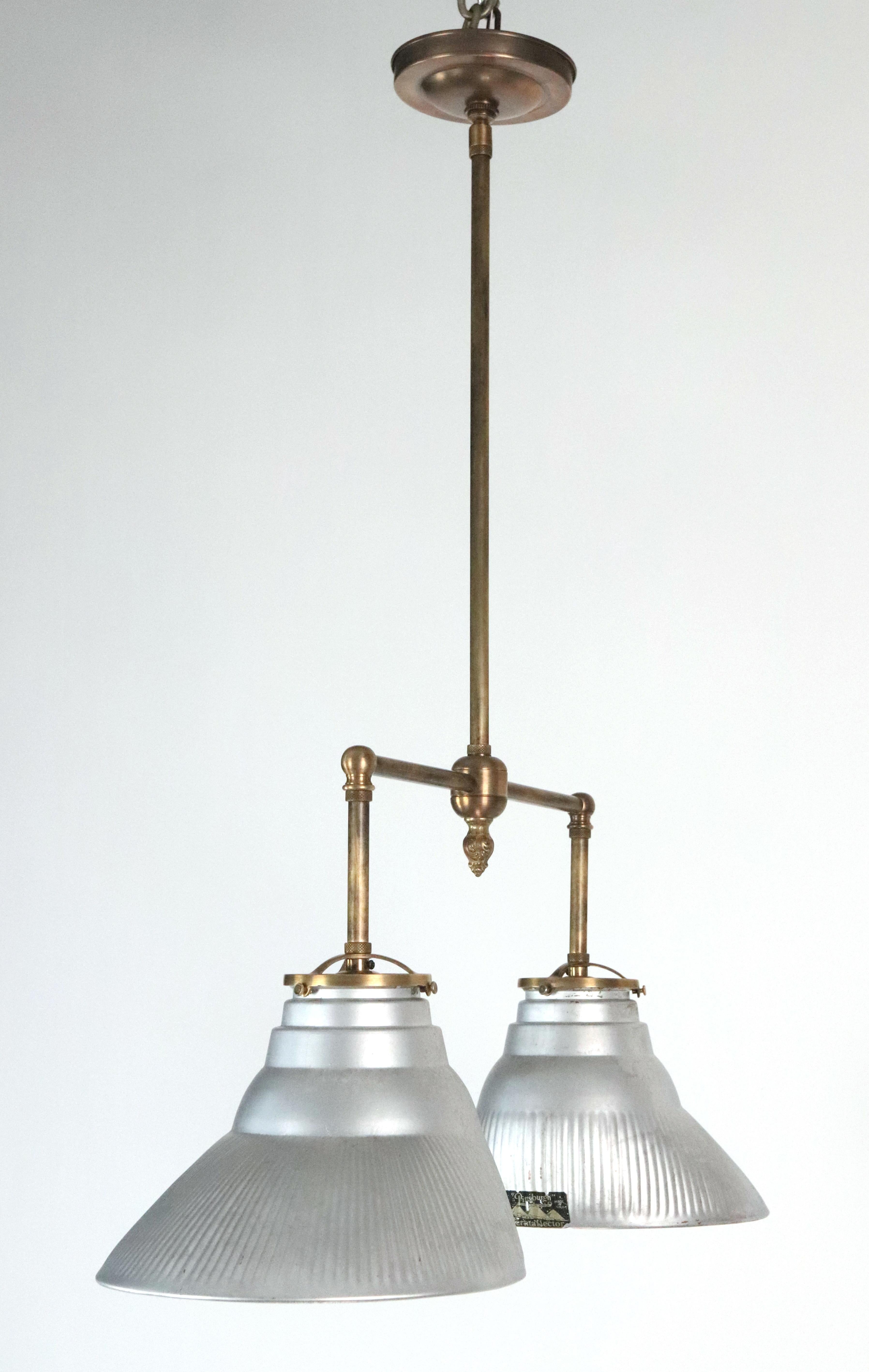 1910s Double X-Ray Glass Shade Brass Pole Pendant Light In Good Condition For Sale In New York, NY