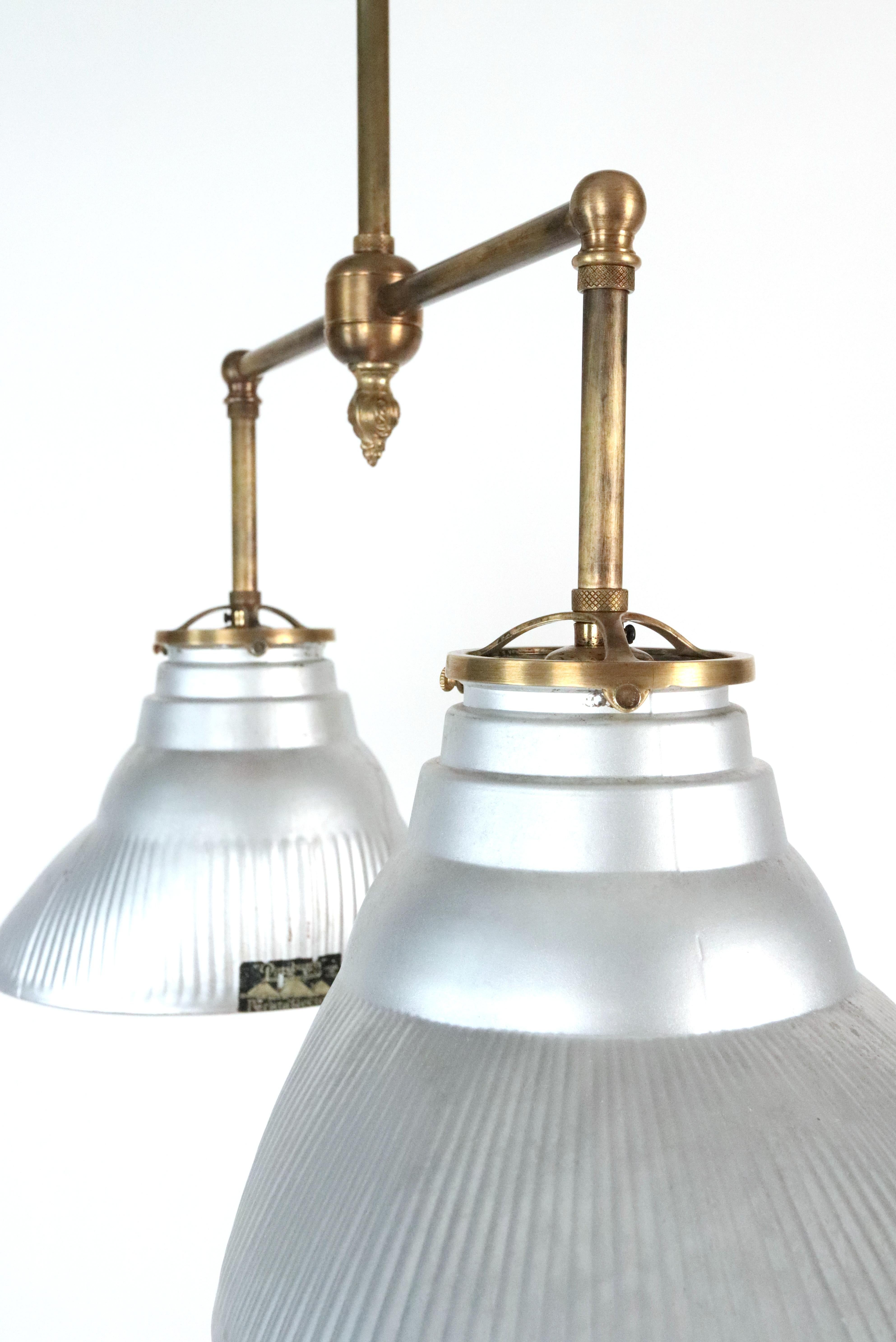 Early 20th Century 1910s Double X-Ray Glass Shade Brass Pole Pendant Light For Sale