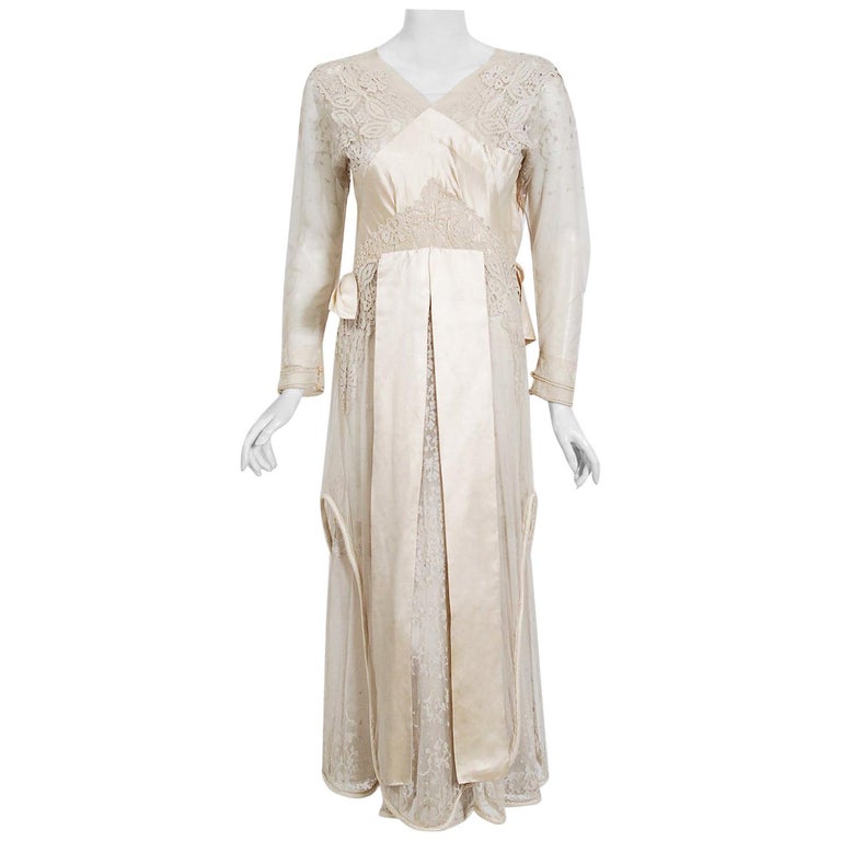 1910's Edwardian Antique Couture Ivory Mixed-Lace Draped Layered Bridal ...