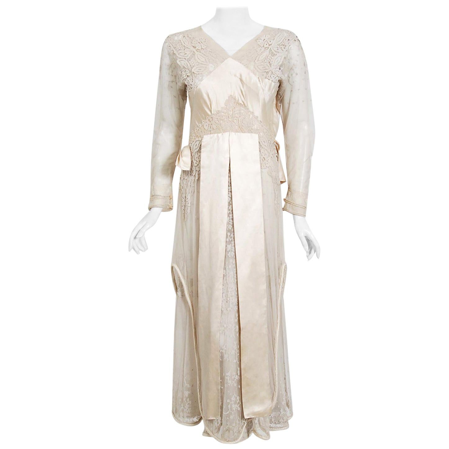 Beautiful 1910 Unlabeled Heirloom Ivory Net Wedding Dress w Elaborate Sequin & Bead Work
