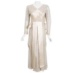 1910's Edwardian Antique Couture Ivory Mixed-Lace Draped Layered Bridal Dress