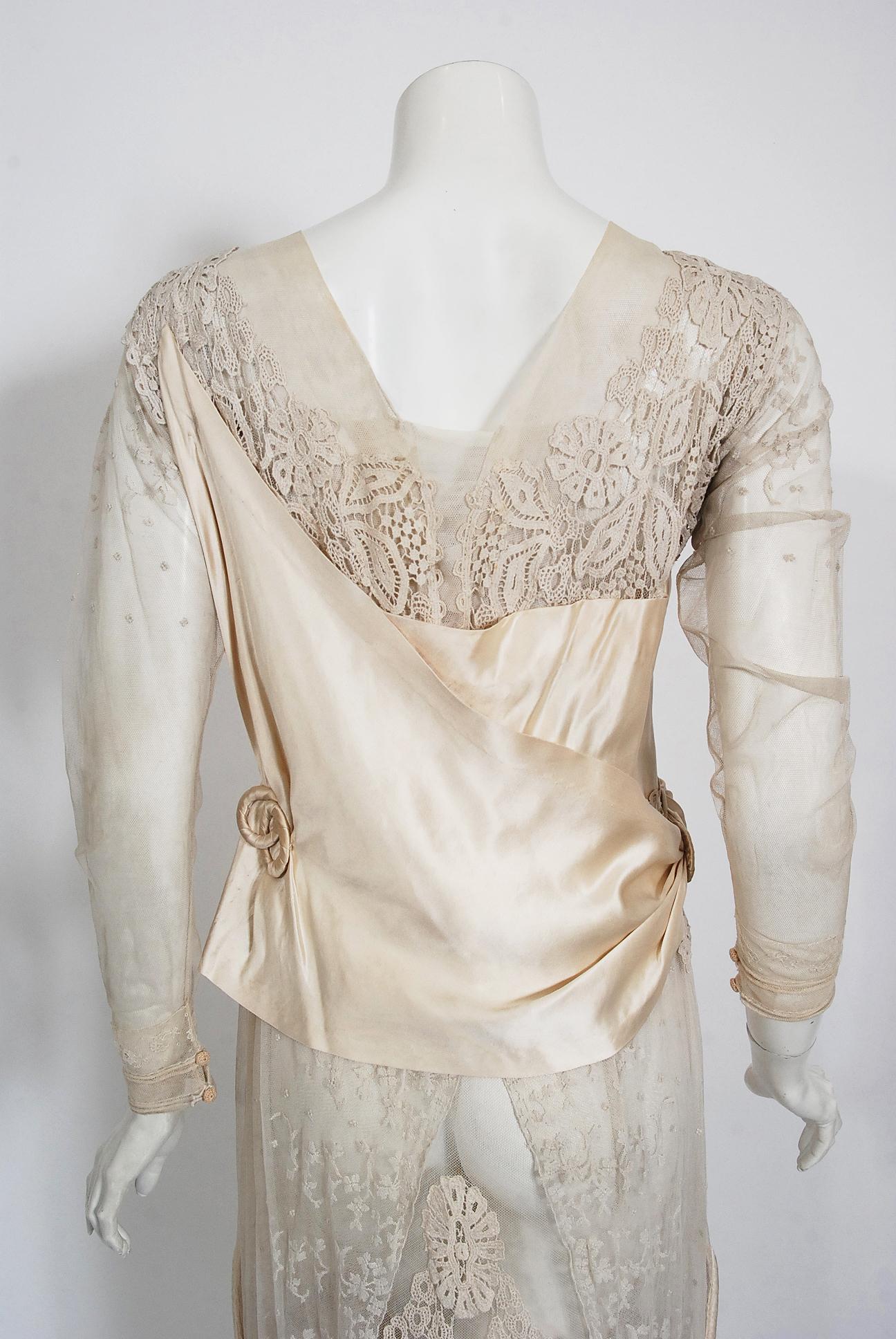 Vintage 1910's Edwardian Couture Ivory Mixed-Lace Draped Layered Bridal Dress For Sale 2