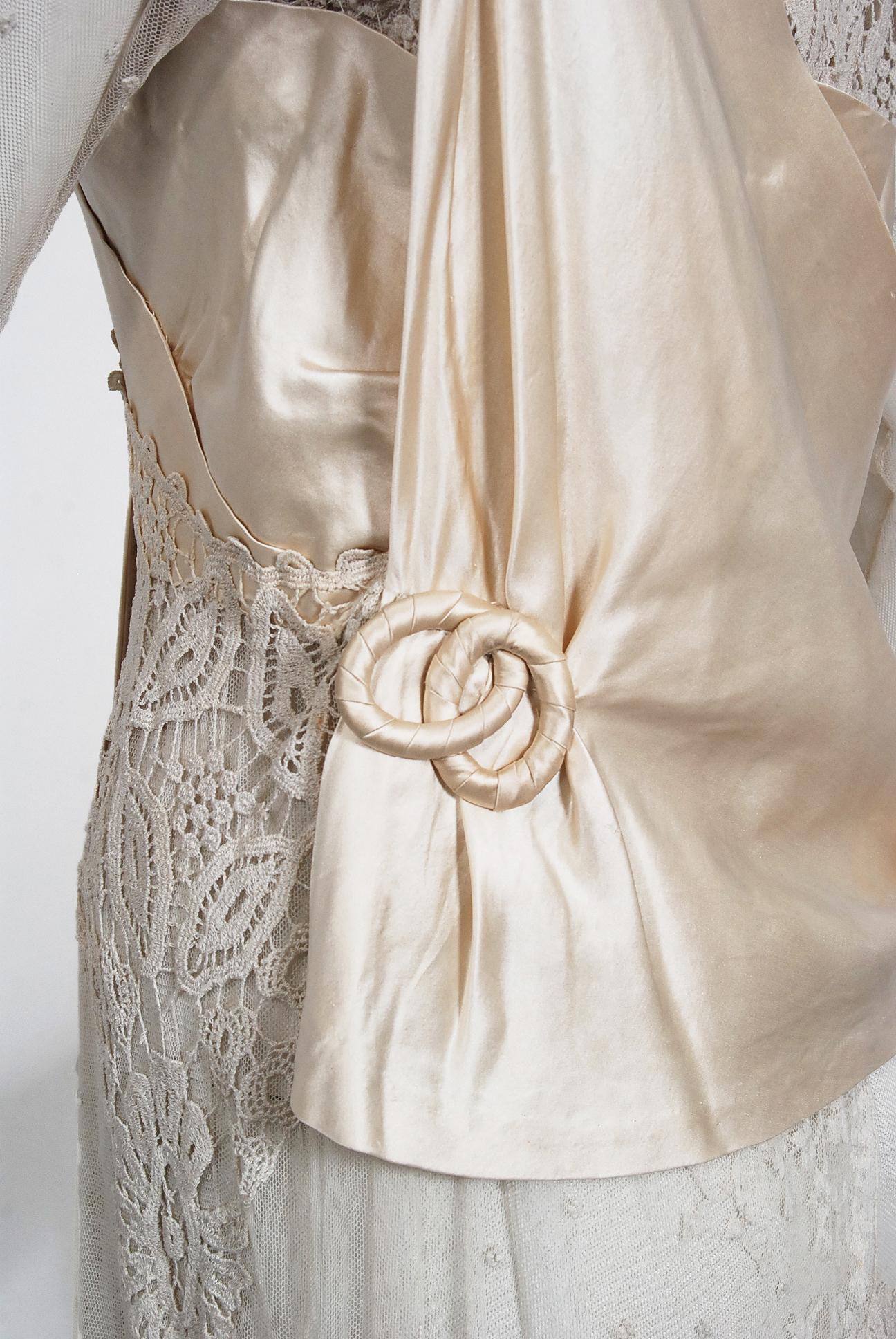 Vintage 1910's Edwardian Couture Ivory Mixed-Lace Draped Layered Bridal Dress For Sale 3