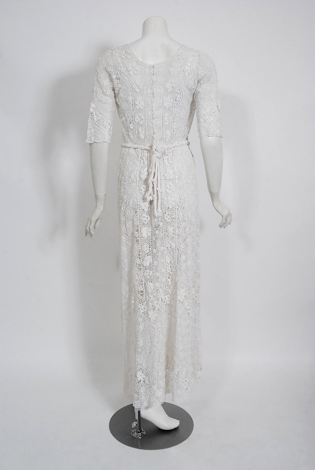 Antique 1910's Edwardian Couture White Irish-Crochet Lace Handmade Bridal Dress 6