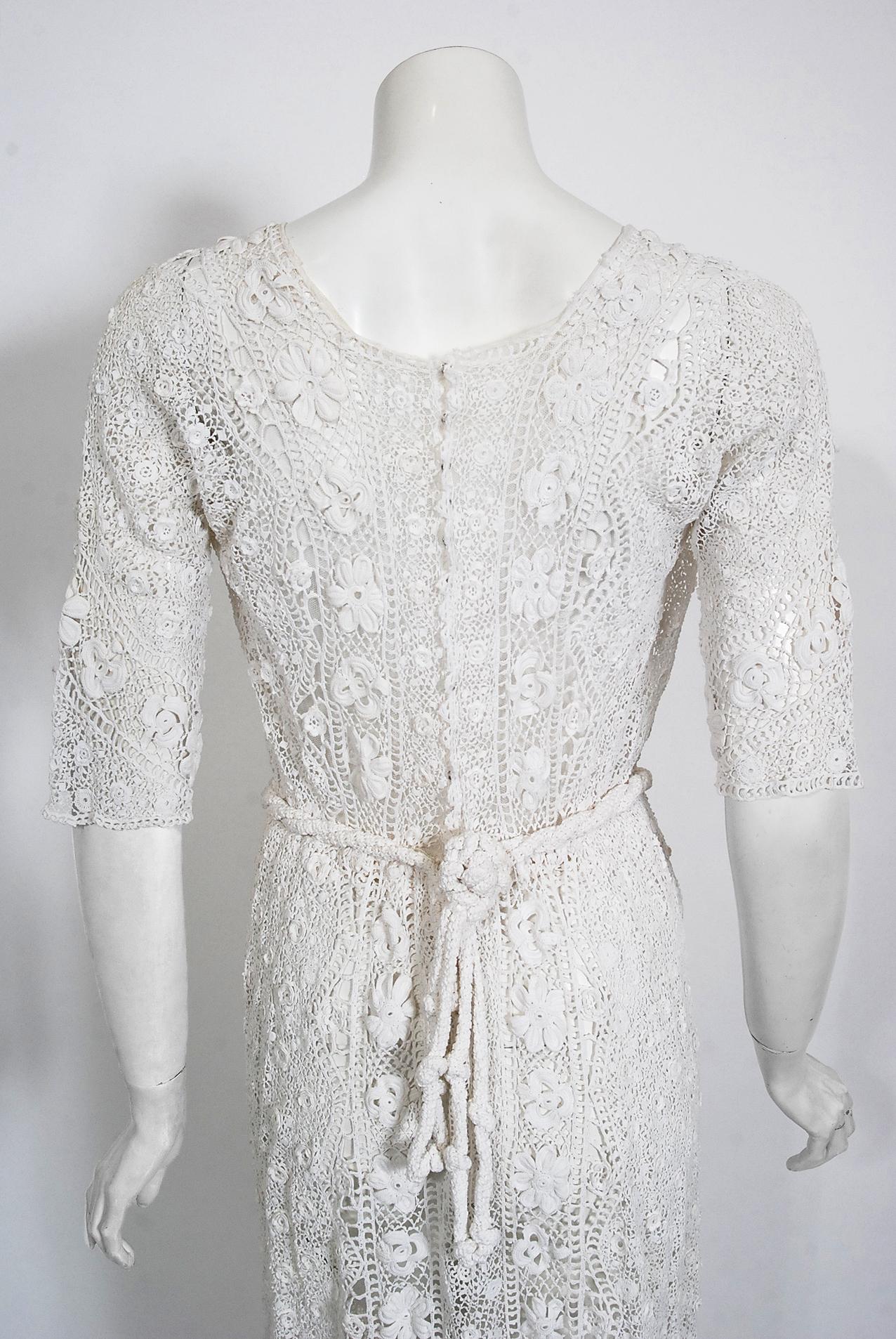 Antique 1910's Edwardian Couture White Irish-Crochet Lace Handmade Bridal Dress 7