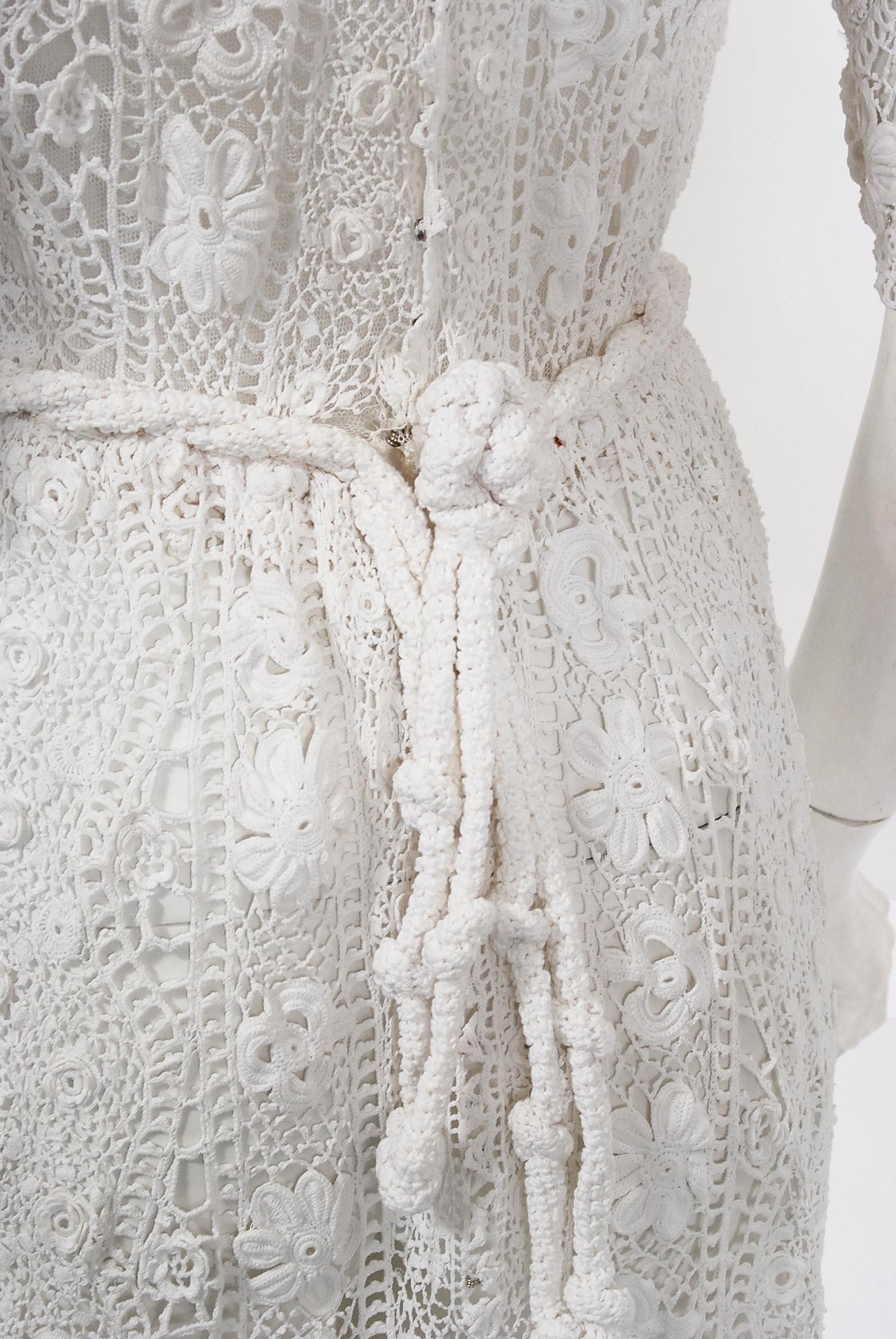 Antique 1910's Edwardian Couture White Irish-Crochet Lace Handmade Bridal Dress 8