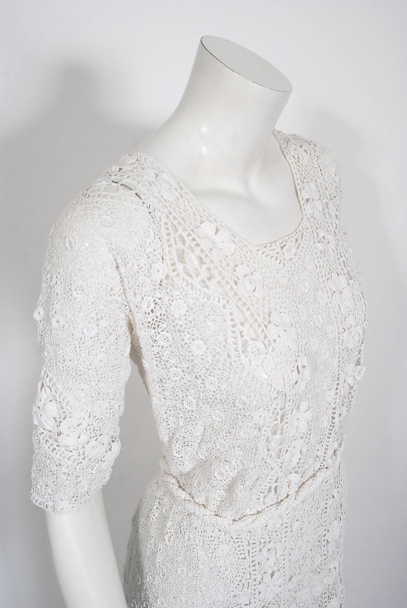 Gray Antique 1910's Edwardian Couture White Irish-Crochet Lace Handmade Bridal Dress