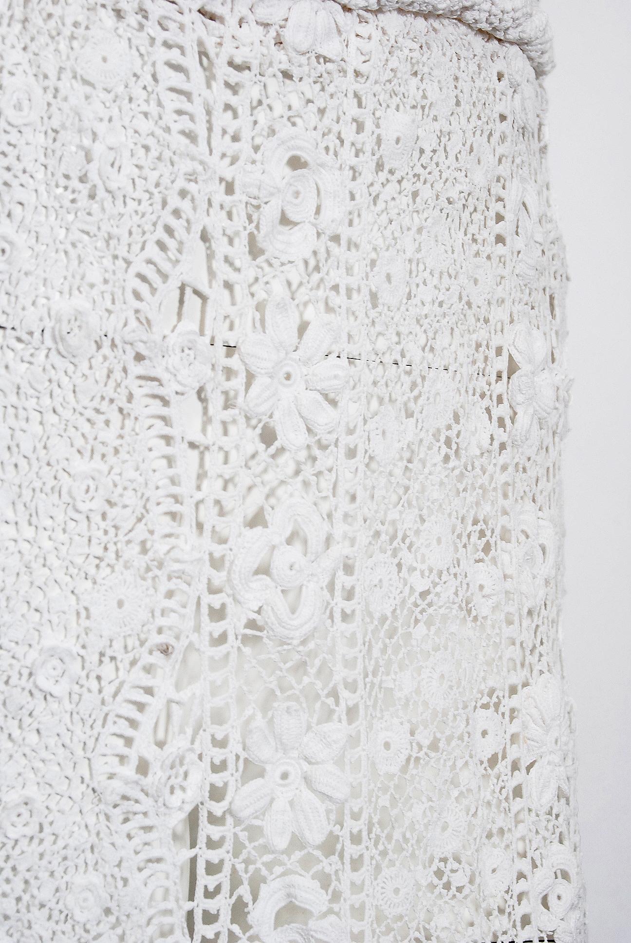 Women's Antique 1910's Edwardian Couture White Irish-Crochet Lace Handmade Bridal Dress