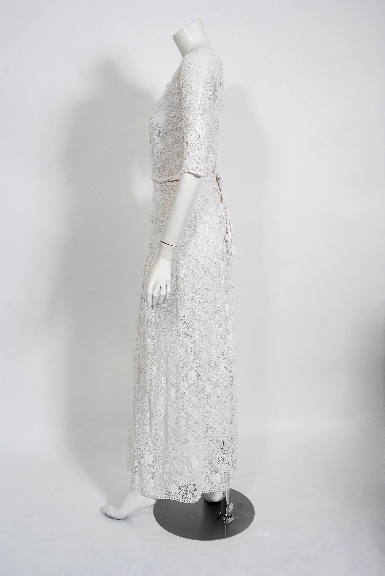 Antique 1910's Edwardian Couture White Irish-Crochet Lace Handmade Bridal Dress 2