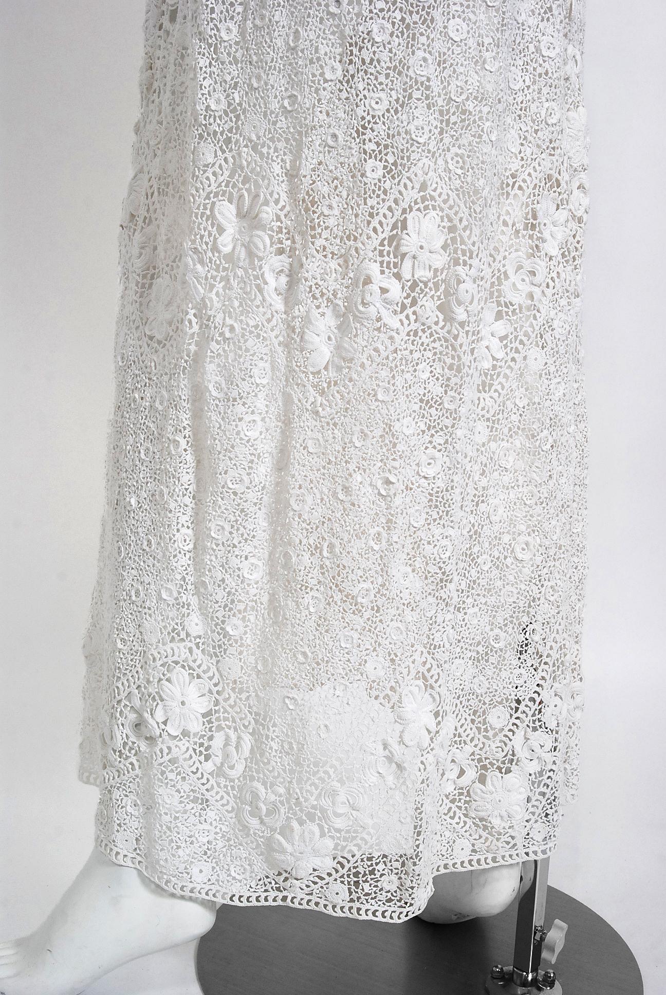 Antique 1910's Edwardian Couture White Irish-Crochet Lace Handmade Bridal Dress 3
