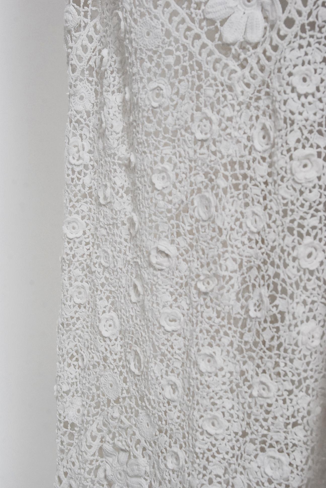 Antique 1910's Edwardian Couture White Irish-Crochet Lace Handmade Bridal Dress 5