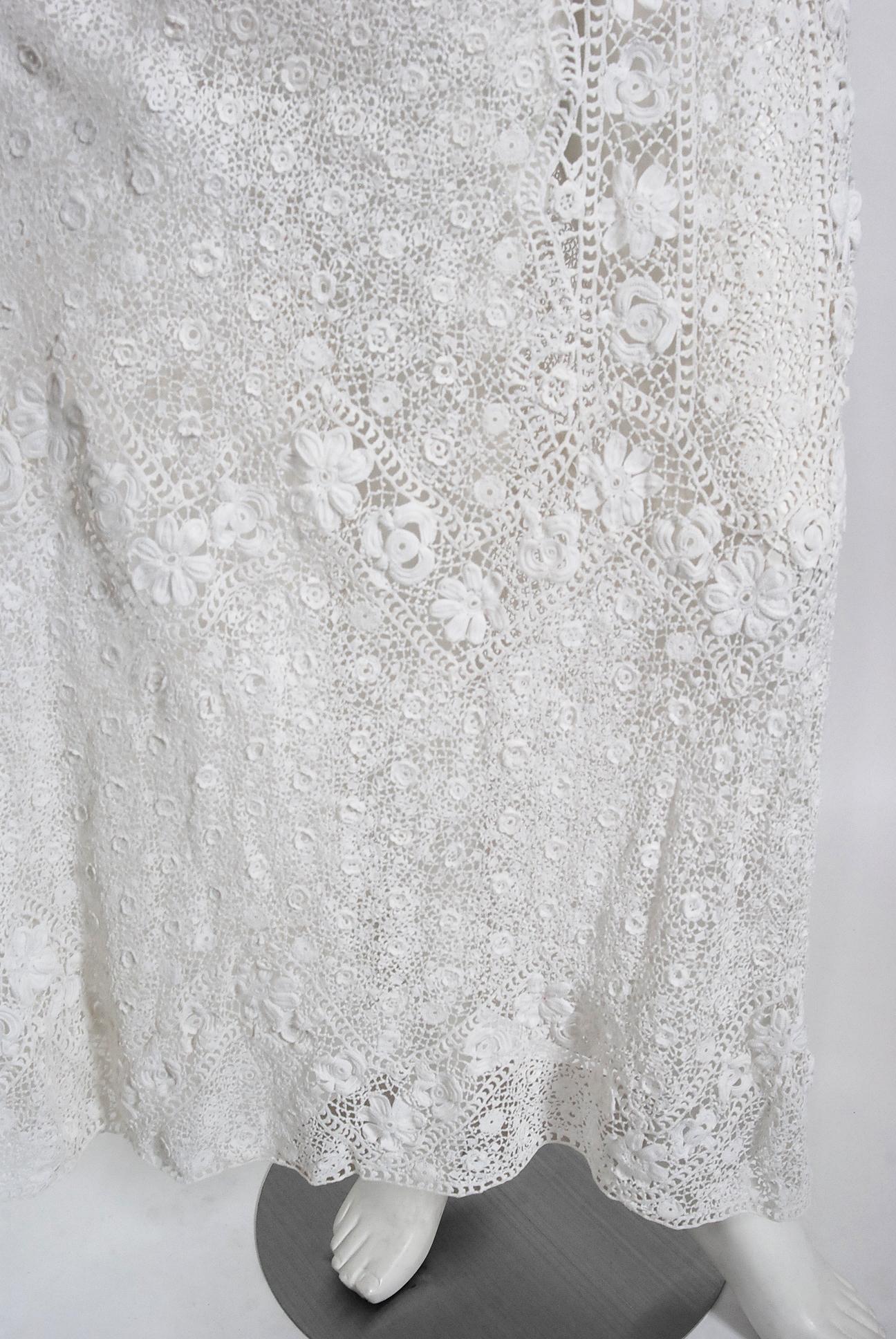 Antique 1910's Edwardian Couture White Irish-Crochet Lace Handmade Bridal Dress 4