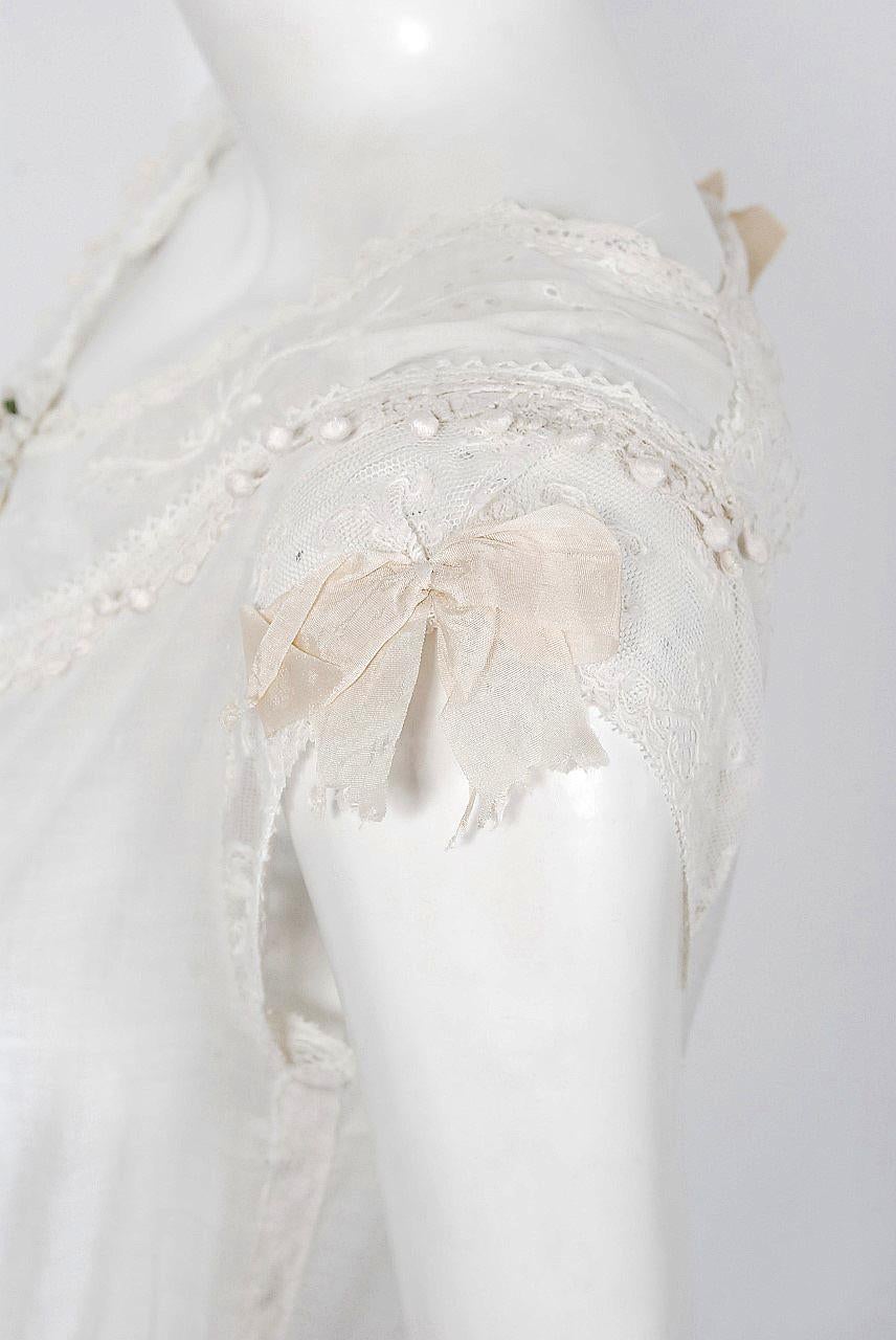 Gray Vintage 1910's Edwardian White Embroidered Cotton Cut-Out Bridal Boudior Dress For Sale