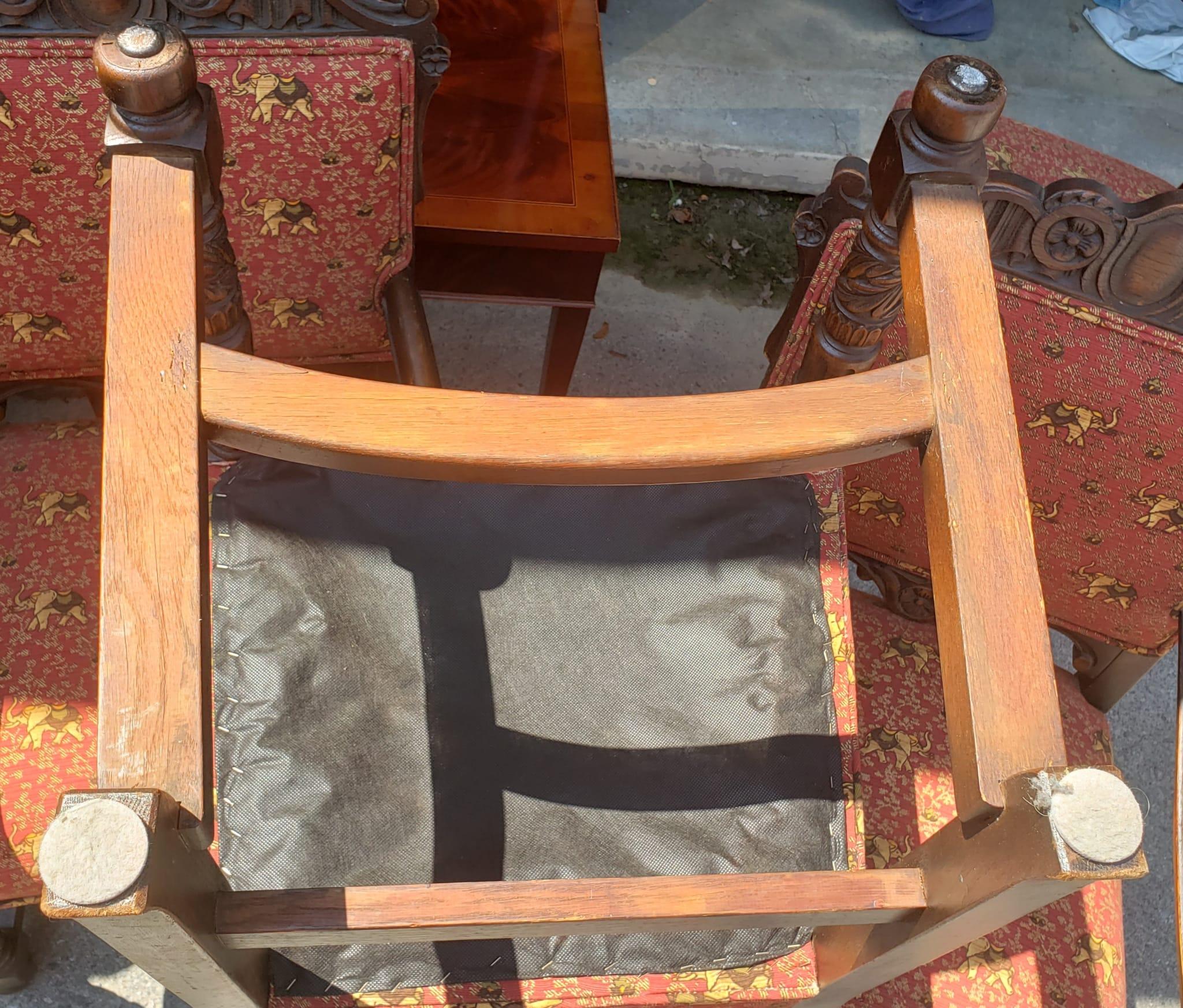 1910s Edwardian Hand-Carved Oak Upholstered Dining Chairs, Set of 6 8