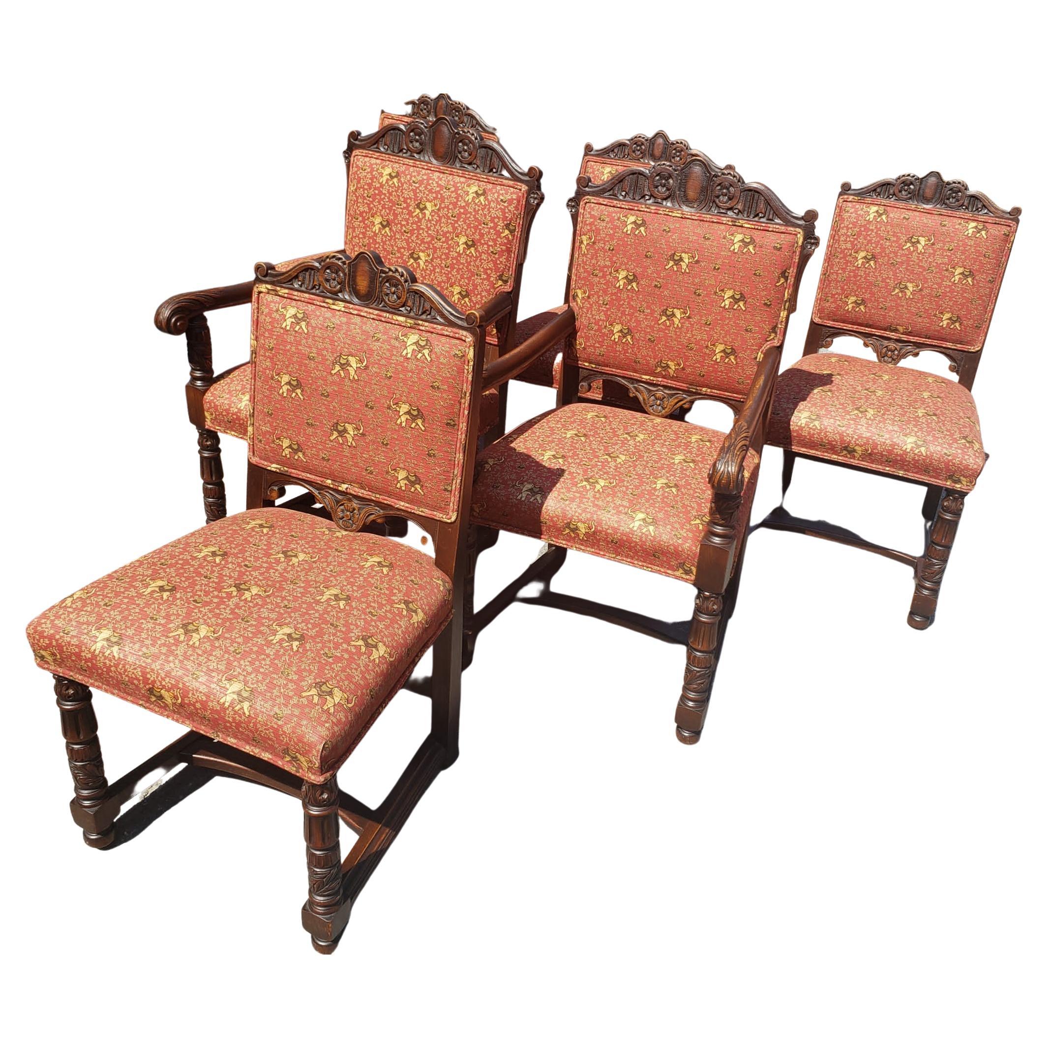 American 1910s Edwardian Hand-Carved Oak Upholstered Dining Chairs, Set of 6