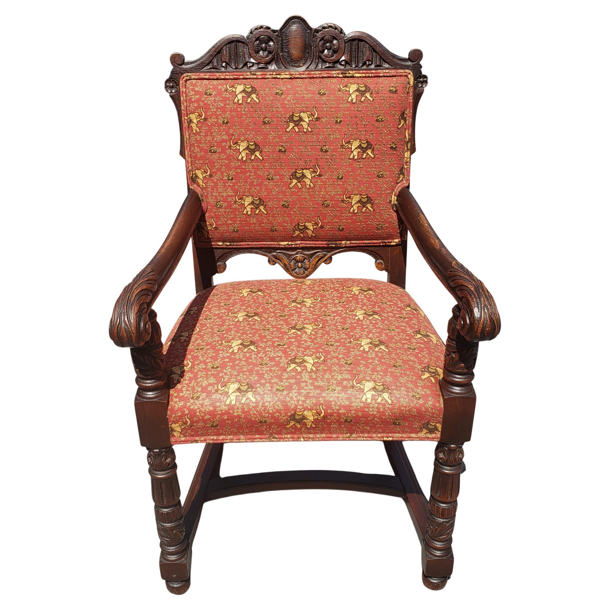 1910s Edwardian Hand-Carved Oak Upholstered Dining Chairs, Set of 6 In Good Condition In Germantown, MD