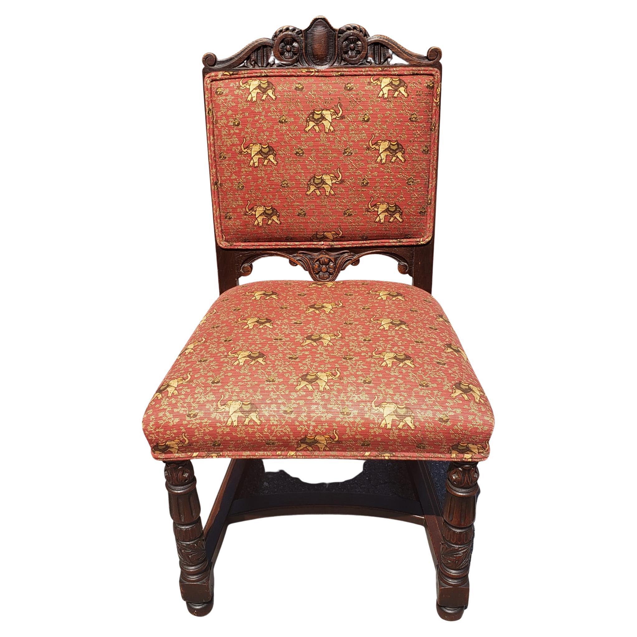 20th Century 1910s Edwardian Hand-Carved Oak Upholstered Dining Chairs, Set of 6