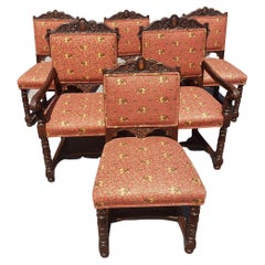 1910s Edwardian Hand-Carved Oak Upholstered Dining Chairs, Set of 6